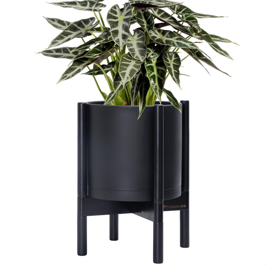D'vine Dev Planter Pot with Stand - 10 Inch Plastic Cylinder Flower Pot with Wood Planter Holder for Indoor, Matte Black Pot + Ebony Stand, 55-C-N-2