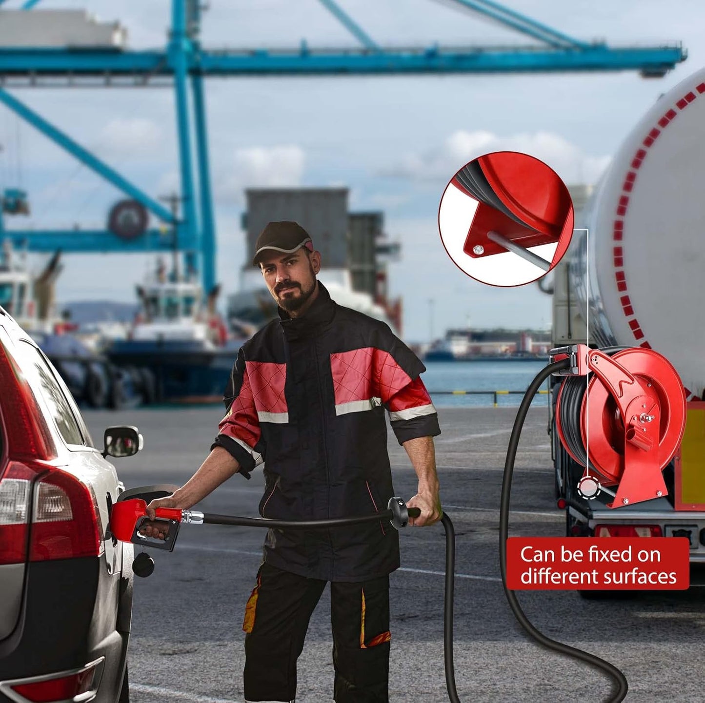 Fuel Hose Reel with Fueling Nozzle, 3/4" x 50FT Retractable Diesel Hose Reel, 300 PSI Industrial Heavy Duty Auto Swivel Rewind Hose Holder Reels, for Vehicle Tank Truck Trailer Ship