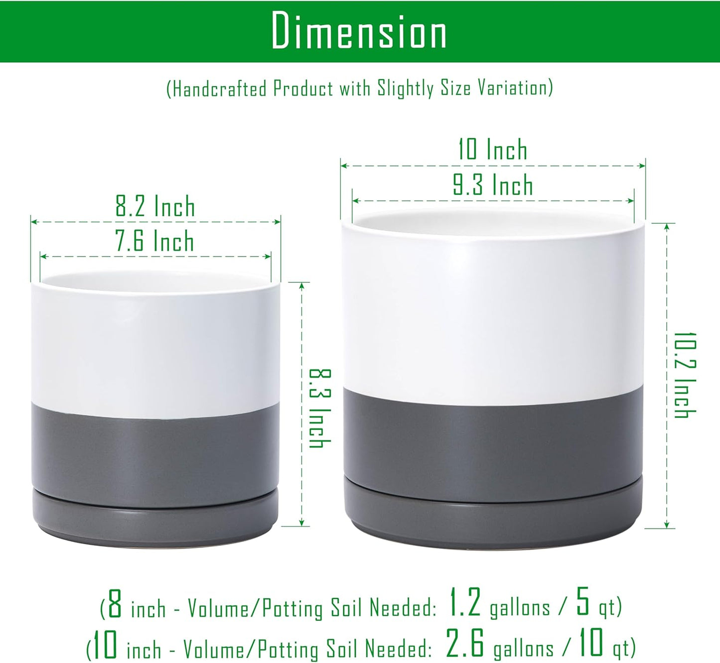 D'vine Dev 8.2 Inch & 10 Inch Ceramic Planter Pot for Plants with Drainage Hole and Saucer, Large Plant Pots Set, White/Speckled Grey, 94-G-L-6