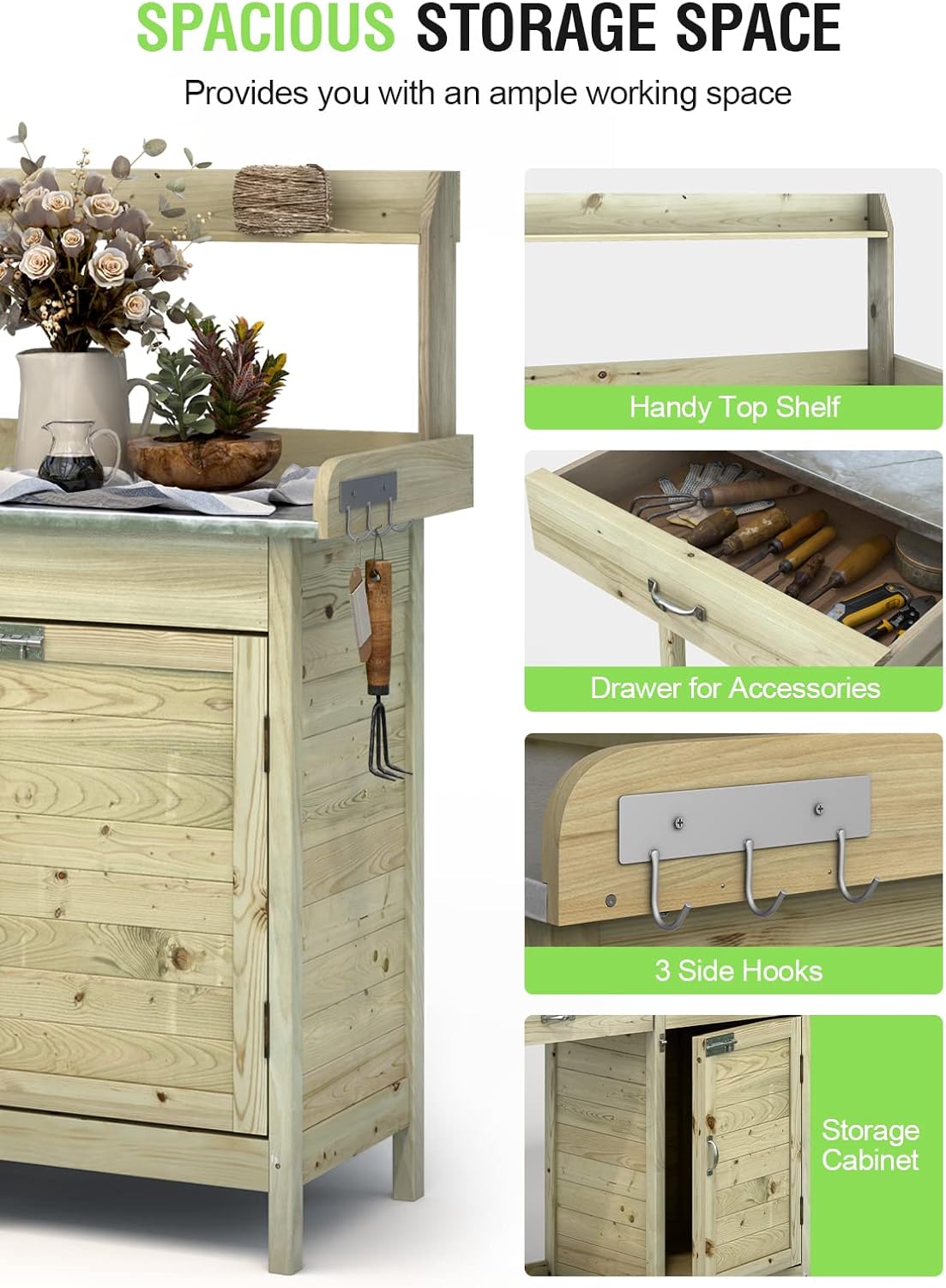 ARNOT Potting Bench,Outdoor Potting Bench Table with Sink and Storage Shelves, Wooden Garden Workstation for Gardening Tools, Planting, and Repotting – Natural Fir Wood (44” x 18” x 49.5”)