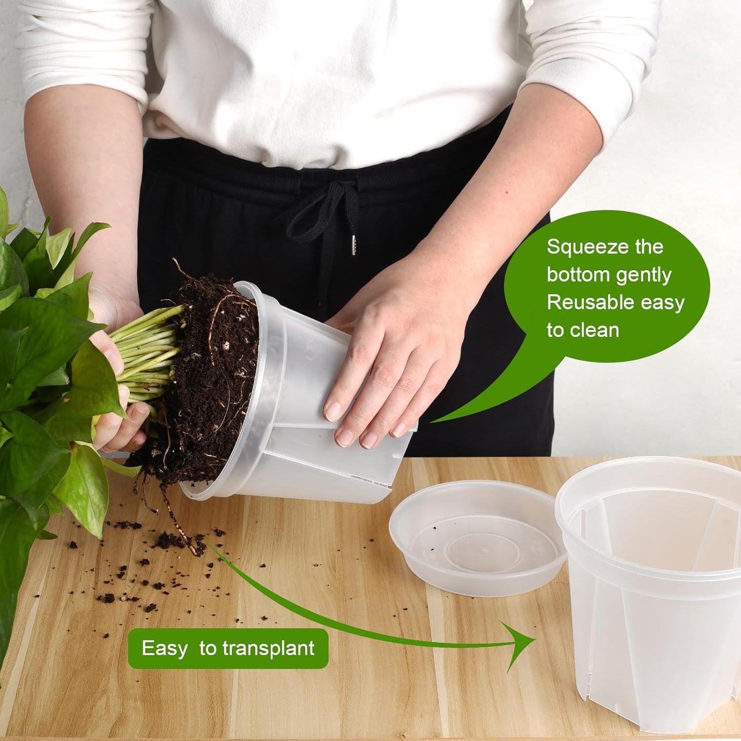 Transparent Plants Nursery pots with Tray 4/5/6 Inch Hard Material Plastic Planter with Drainage Hole,Durable Seed Starting Pots Plant Container, with 12pcs Plant Labels, a Maker Pen, 12 Sets