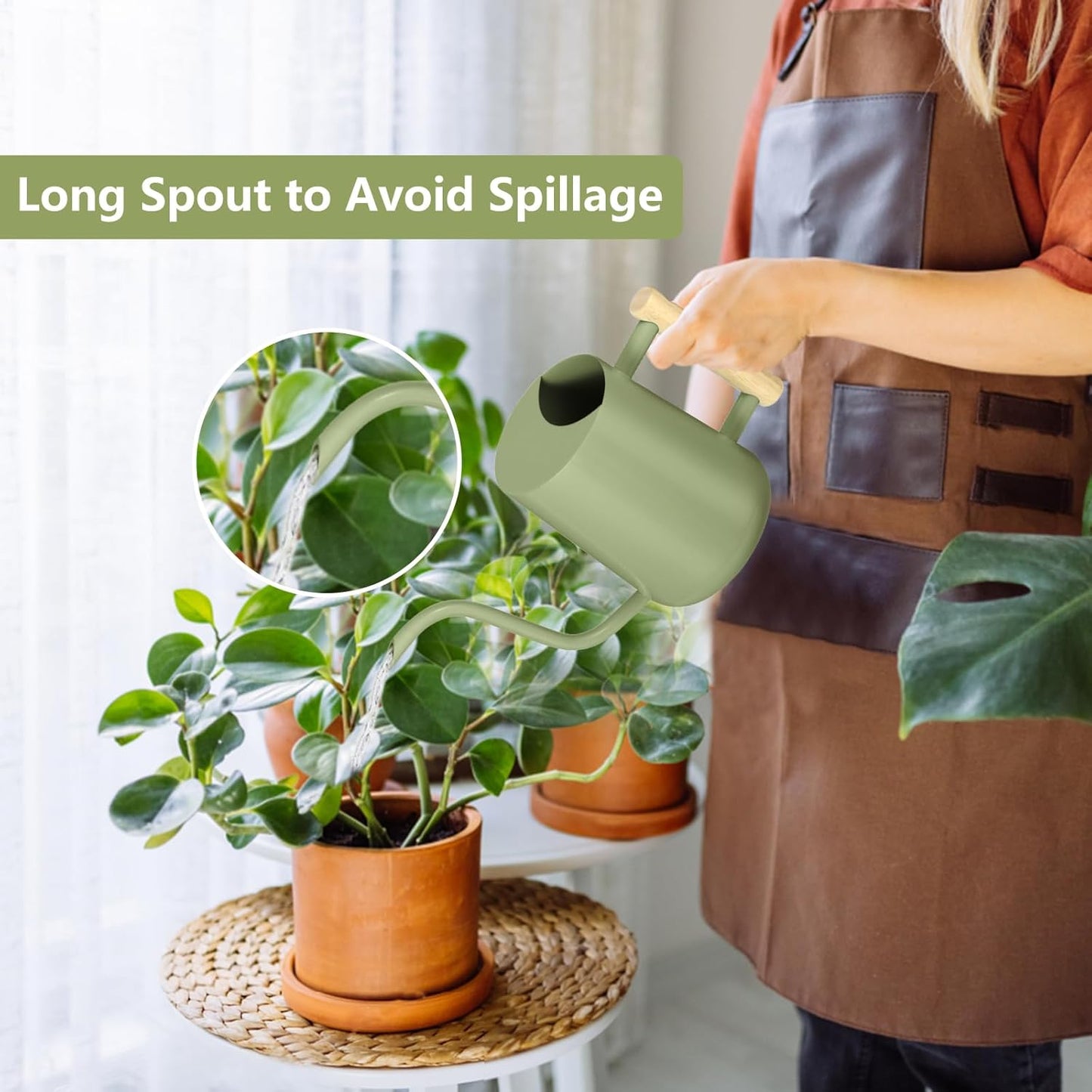 Watering Can Indoor Plants, 35oz Small Indoor Stainless Steel Metal Watering Can Modern Decorative Watering Pot with Long Spout for Indoor House Plant Bonsai Garden Flowers (Sage Green)