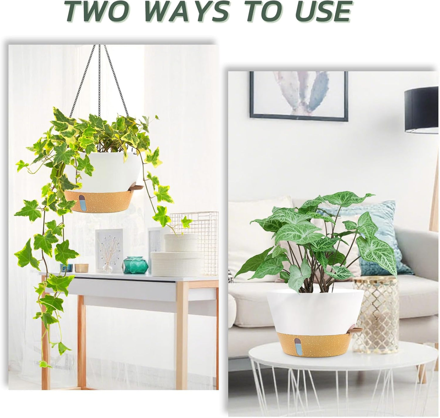 ZMTECH 12 Inch Hanging Planters for Outdoor, 2 Pack Self Watering Pots for Indoor Plants, Large Hanging Baskets for Plants Outdoor with Visual Reservoir and Drainage Hole(White)