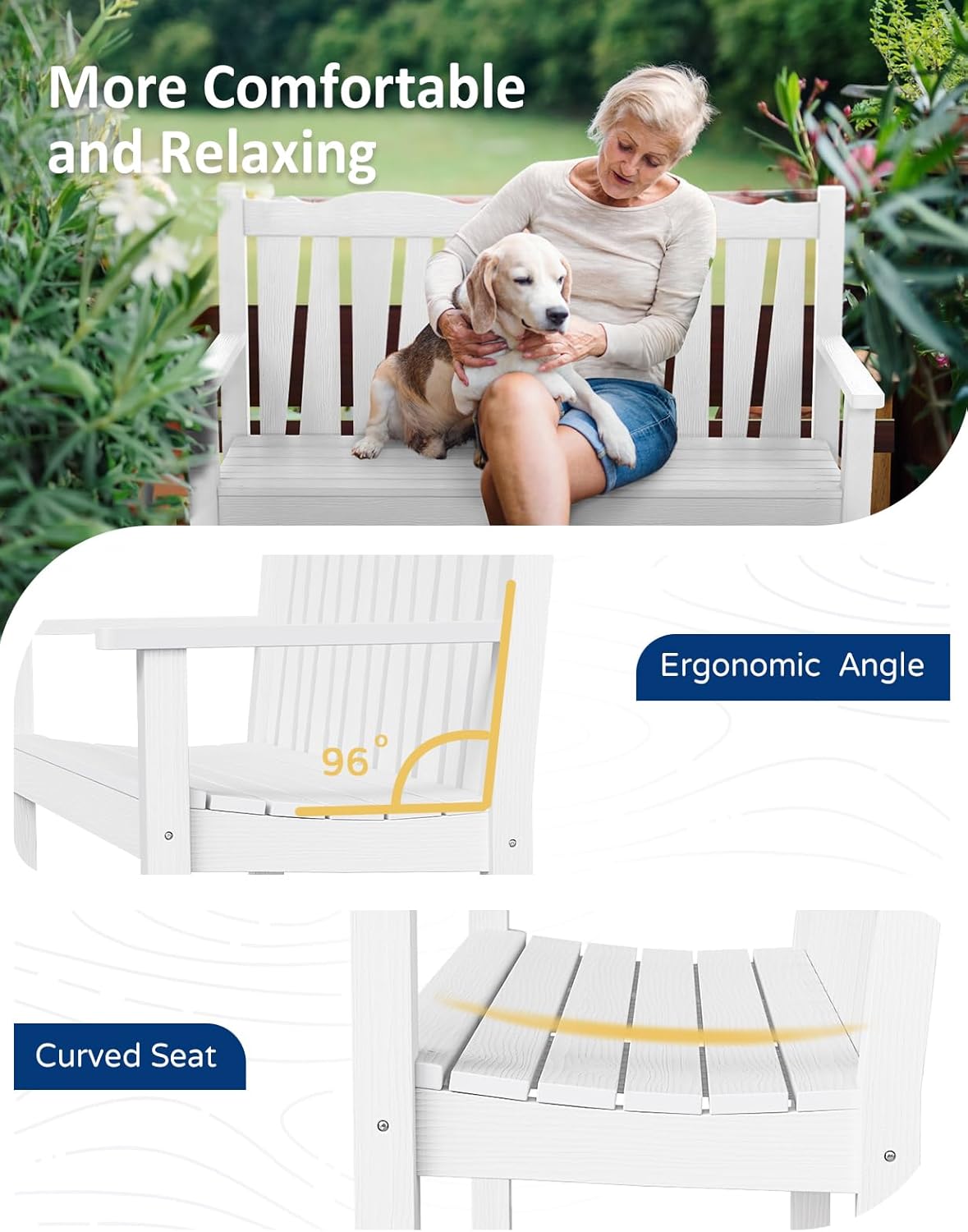 Outdoor Bench Set of 2, Weatherproof Garden Benches for Outdoors, All Weather HIPS Patio Bench Holds up to 800lbs, Never Rot or Fade, Comfort Bench for Porch Garden Patio Yard and Park(White)