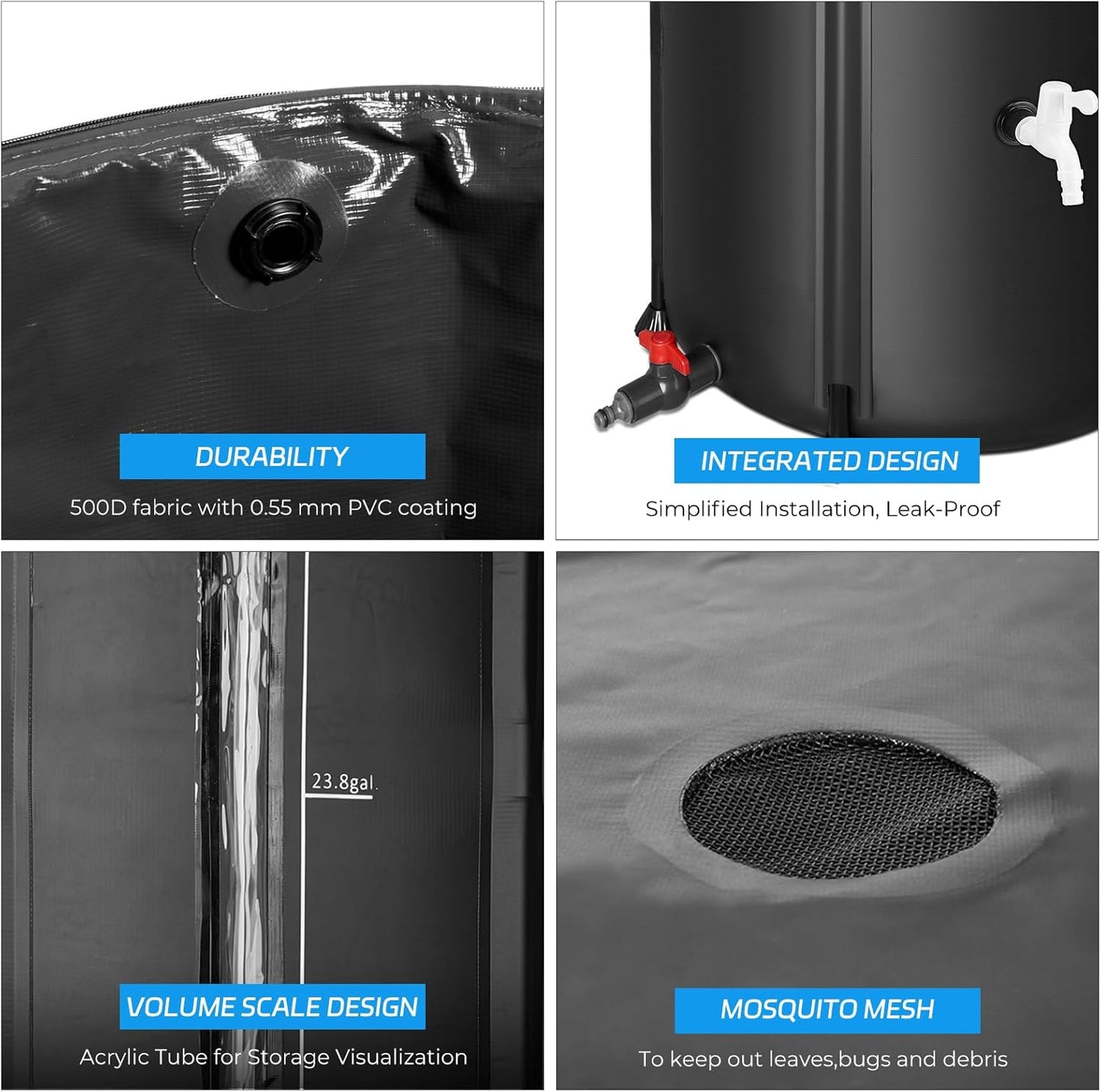 Rain Barrels to Collect Rainwater from Gutter - Portable Water Storage Tank Water Barrel Rainwater Collection System Rain Catcher Include Filter Two Spigots and Overflow Kit (53 Gallon, Black)