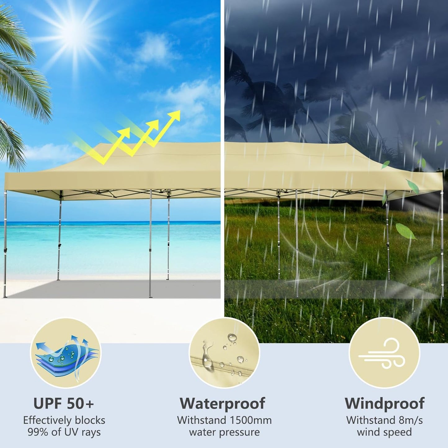 COBIZI 10x30 Pop up Canopy Heavy Duty Without Sidewalls, Easy Set-up Commercial Outdoor Party, 100% Waterproof Wedding Canopy Gazebo, 3 Height Adjustable with Wheeled Bag, Khaki