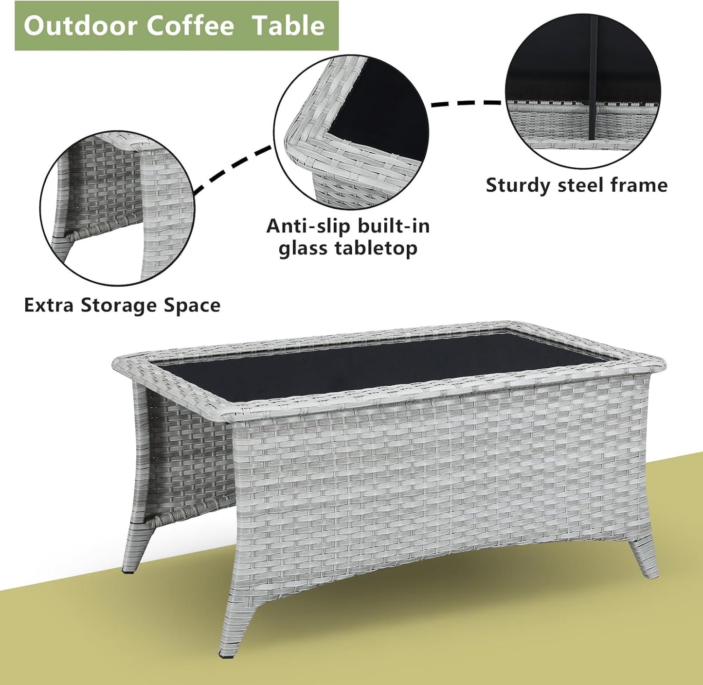 Patio Tables Wicker Coffee Table - Outdoor Rattan Coffee Tables with Glass Top for Patio Proch Deck Balcony Rectangle Light Grey