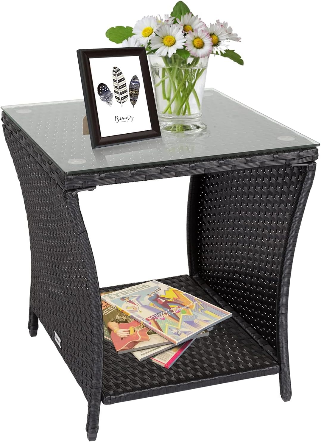 Outdoor Small Patio Table - PE Rattan Coffee Table, Wicker Side Table for Patio, Balcony & Porch, Durable & Iron Frame (1, Dark Black)