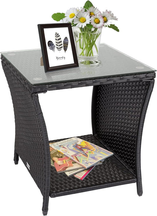 Outdoor Small Patio Table - PE Rattan Coffee Table, Wicker Side Table for Patio, Balcony & Porch, Durable & Iron Frame (1, Dark Black)