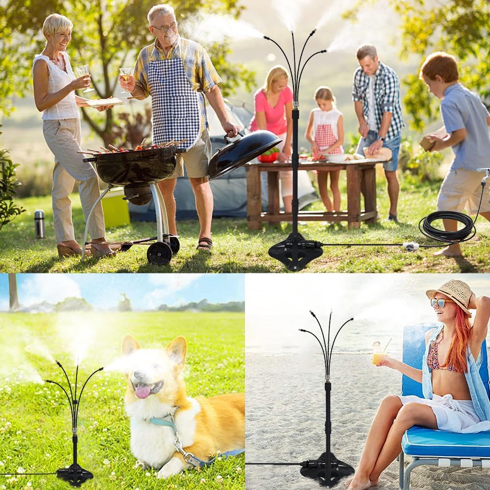 UR Forest Updated Standing Misting Cooling System 26FT Misting Line + 4 Brass Misting Nozzles,4 Height Option, Stand Mister Hose for Outside Outdoor Patio, Pet Cooling, Kids Water Playing