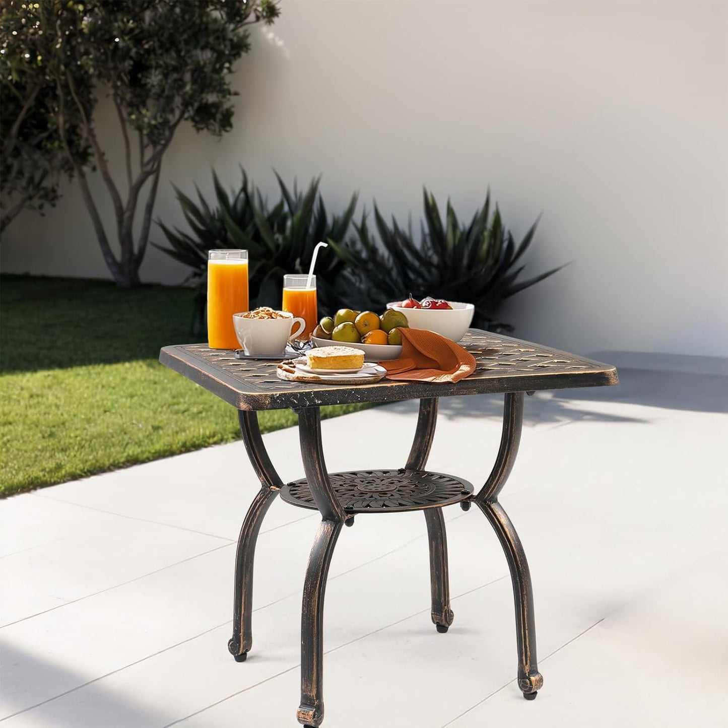 Outvita Patio Side Table, 21.3in Outdoor Square Cast Aluminum Bistro Table and Antique Design for Backyard Porch Pool Balcony Deck White