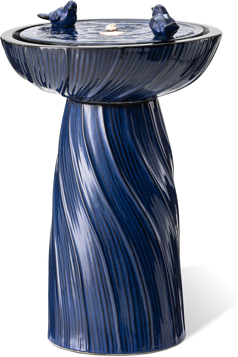 Glitzhome 24.75" H Outdoor Water Fountain with LED Light, Cobalt Blue Two Birds Twist Textured Floor-Standing Fountains, Ceramic Embossed Pattern Pedestal Water Fountain for Yard Patio Backyard