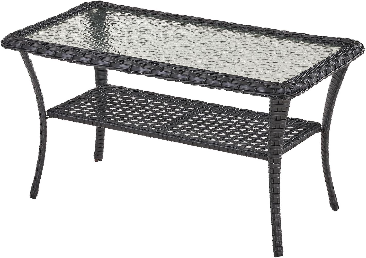 38 Inch Outdoor Coffee Table with 2 Tier Storage - Wicker Coffee Table with Water Ripple Texture Tempered Glass Top, All Weather Patio Coffee Table for Deck Porch Balcony Garden Black