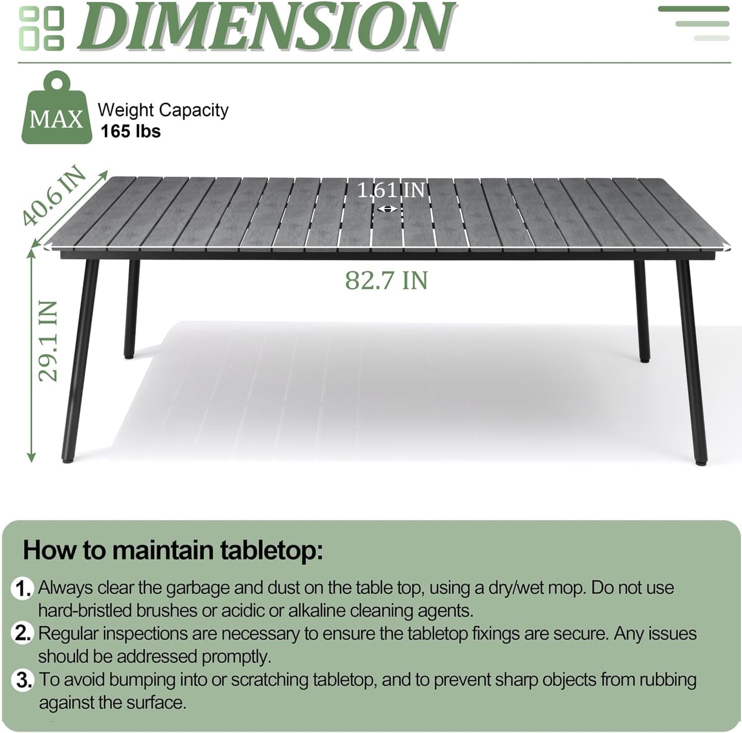 Outdoor Dining Table for 6-8, 82.7 inch Patio Dining Table with Wooden-Like Top and Aluminum Frame, Rectangular Table with Umbrella Hole Outdoor Furniture, Grey
