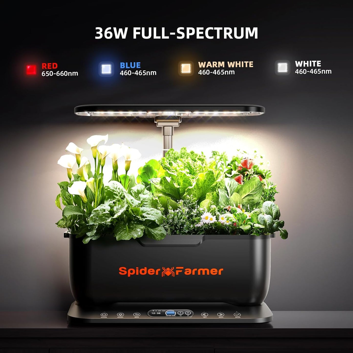 Spider Farmer SmartG12 Hydroponics Growing System, 12 Pods Indoor Garden with 36W LED Grow Light Full-Spectrum, APP & WiFi Controlled, 6L Water Tank, Pump System, Automatic Timer