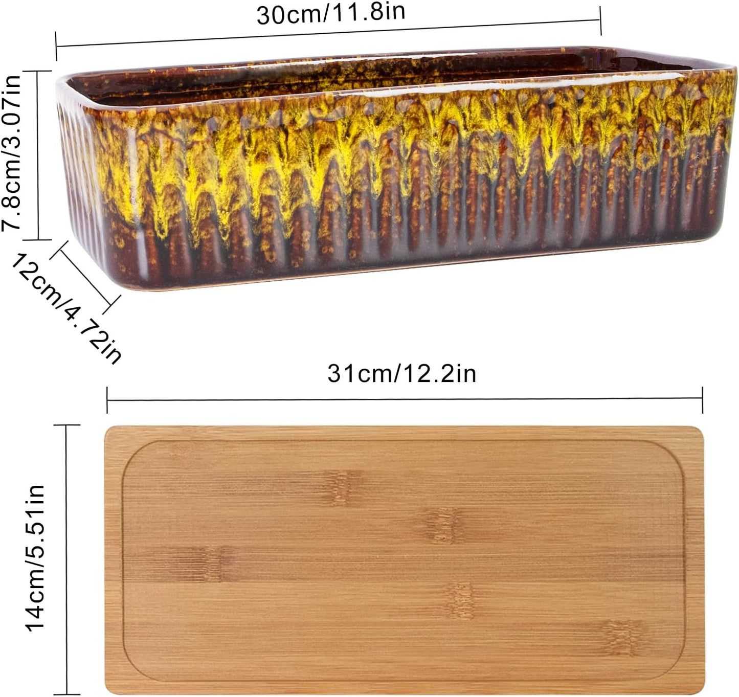 Succulent Pots - 12 Inch Large Succulent Planters with Drainage Tray, Window Sill Planter, Long Rectangle Ceramic Pots for Indoor Cactus Plants Shallow Bonsai Window Box for Home Garden Decor