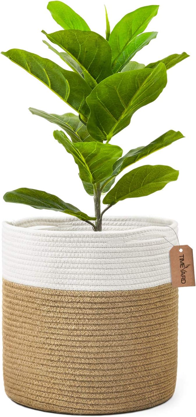 TIMEYARD Jute Rope Plant Basket Large Modern Woven Basket for 11'' Flower Pot Floor Indoor Planters, 12''x12'' Storage Baskets Rustic Home Decor White and Jute