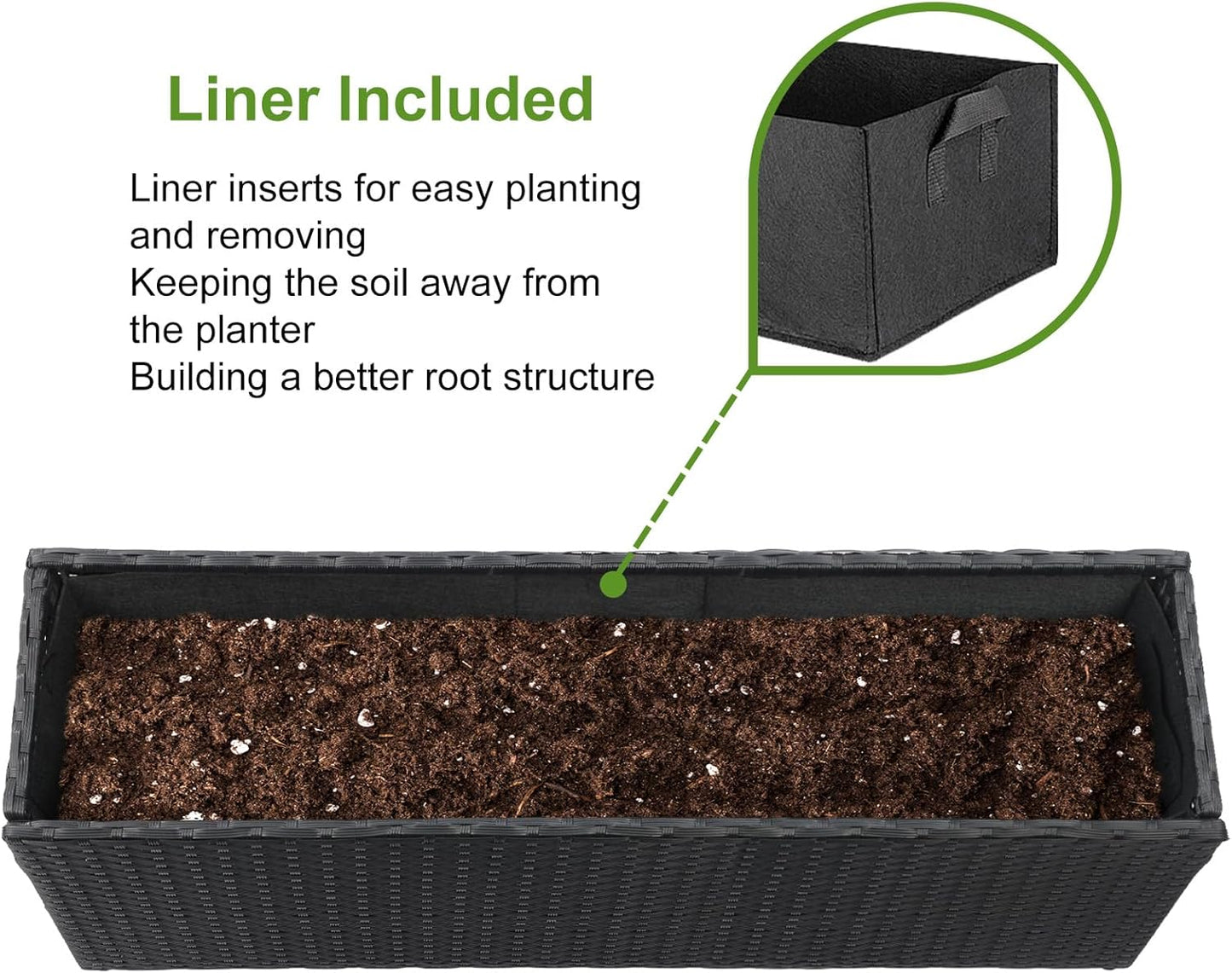 LEWIS&WAYNE Large Rectangular Block Planter Box Handmade Wicker Tall Planters for Outdoor Plants with Removable Liners Modern Planter for Indoor Outdoor Patio Deck - Black, 36''x12''x16''