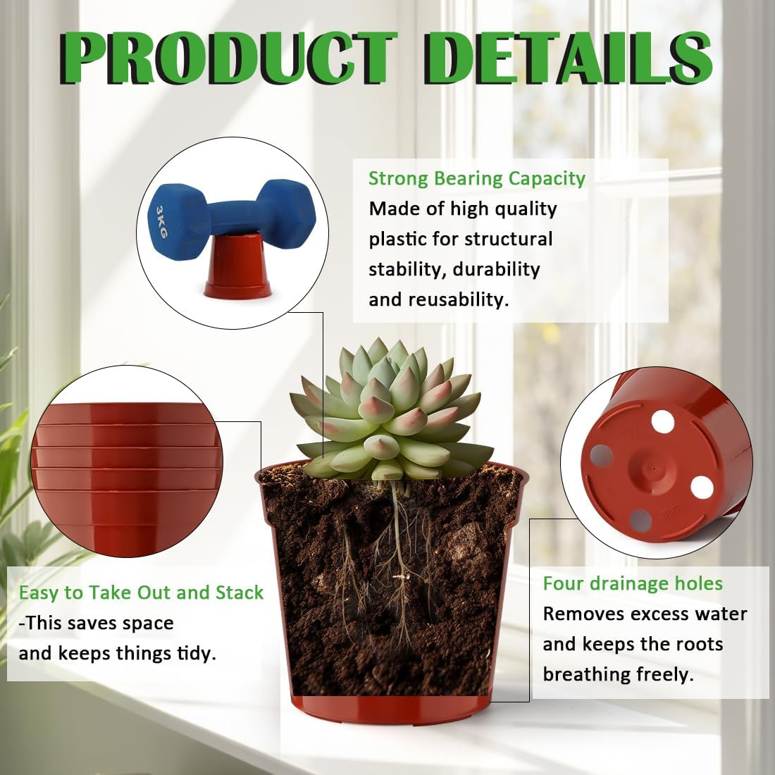 50 Pack 3.3 Inch Plastic Plant Nursery Pots, Seedling Pots with Drainage Holes, Seed Starting Pots, Small Plant Pot for Planting Flowers Indoor Outdoor, Red