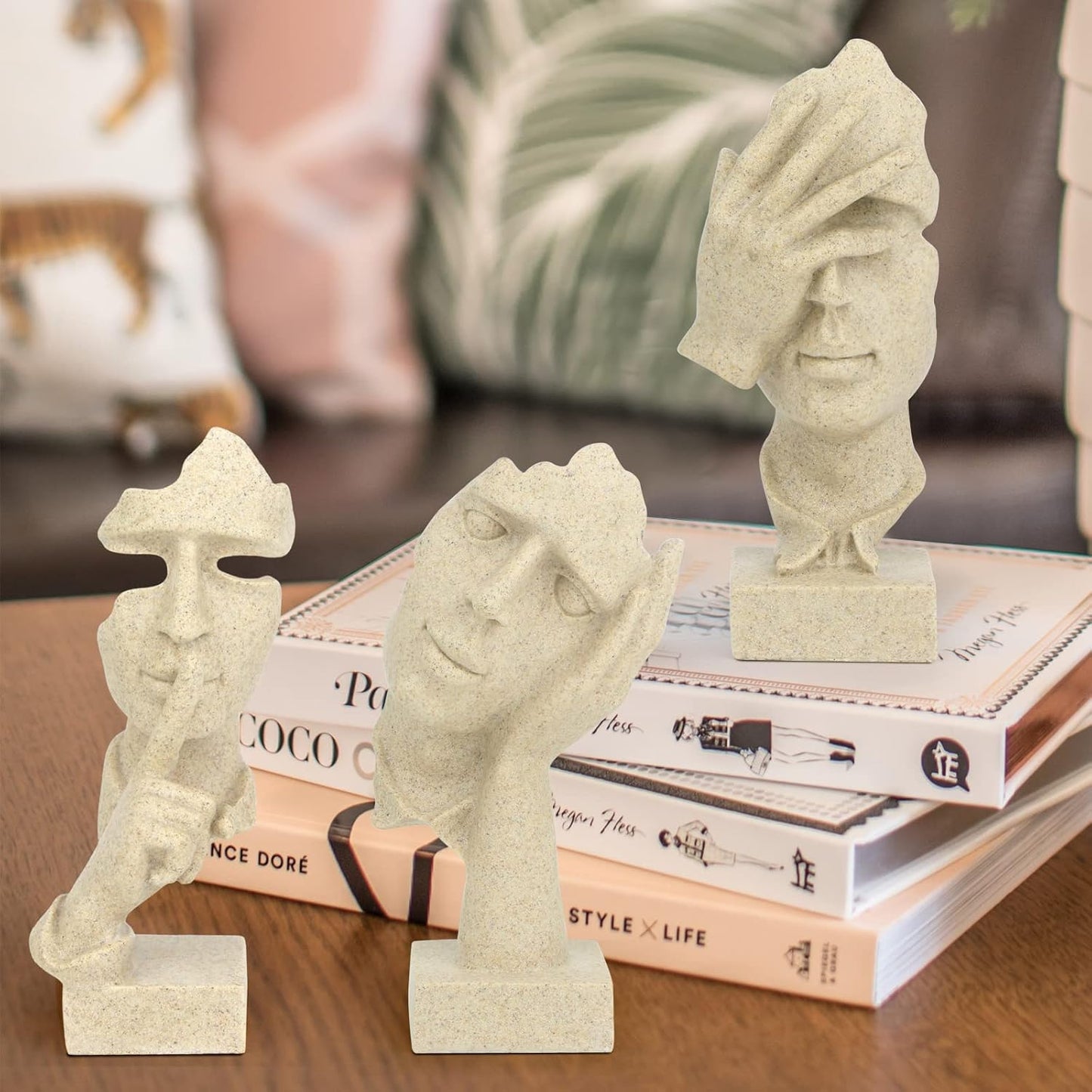 3 Pcs Thinker Statue, Silence is Gold Abstract Art Figurine, No Hear No See No Speak Modern Home Resin Sculptures Decorative Objects Decor for Home Office Bookshelf Desktop(Sandstone)