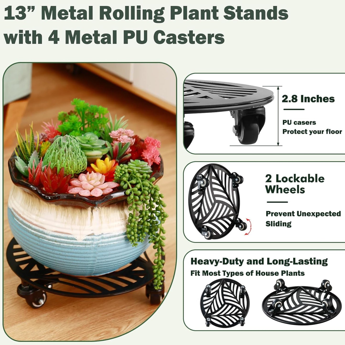 3 Packs Large Metal Plant Caddy with Wheels 13” Heavy-duty Wrought Iron Rolling Plant Stands with Casters Indoor Outdoor Planter Roller Base Plant Movers Black, Strong Load Capacity