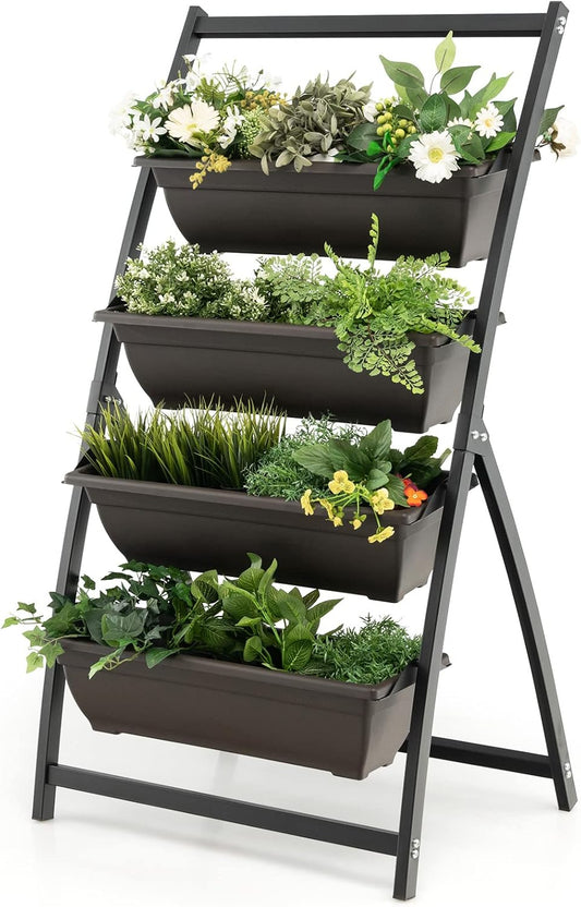 Giantex 4.1FT Vertical Raised Garden Bed, 4-Tier Elevated Planter Box w/4 Containers & Drainage Holes, Indoor Outdoor Freestanding Planter for Vegetables, Herbs, Flowers, Heavy-Duty Metal Frame