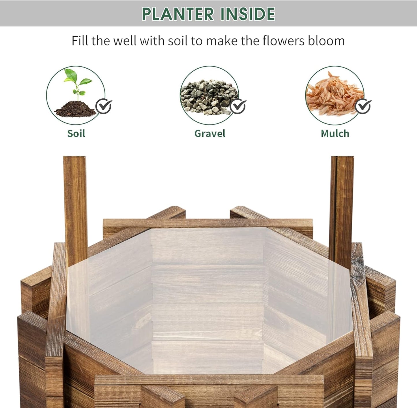 Wooden Wishing Well Planter for Outdoors with Hanging Bucket, Rustic Flower Planter Patio Garden Decorative, Brown