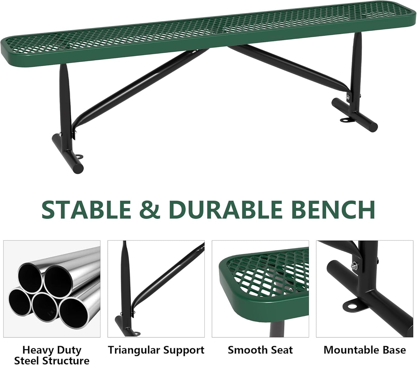 72" L Outdoor Steel Flat Bench, Heavy Duty Metal Park Bench for Outside, Expanded Metal, Commercial Benches Mesh Bench for Shopping Mall, Store, Lawn, Park, Patio, Deck, Garden (Green, 6FT)