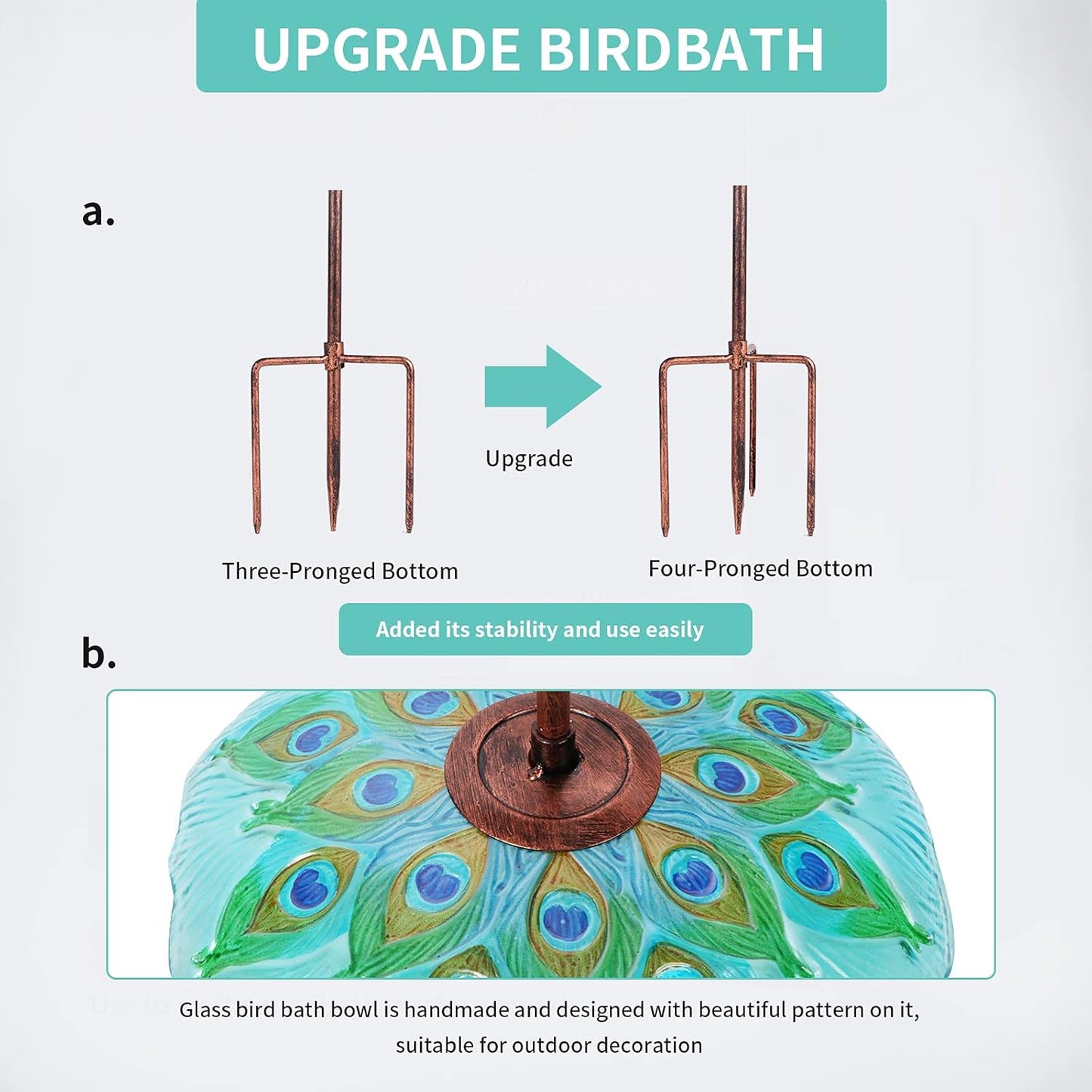 MUMTOP Glass Bird Bath, Garden Outdoor Birdbaths Birdfeeder with Metal Stake Peacock