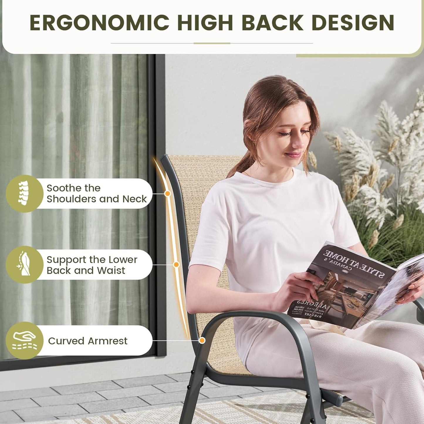 UDPATIO Patio Dining Set of 7, Outdoor Table and Chairs Set with Square Metal Table, 6 Stackable Patio Chairs with High Back, Outdoor Furniture for Deck Garden Backyard Lawn Poolside (Brown)