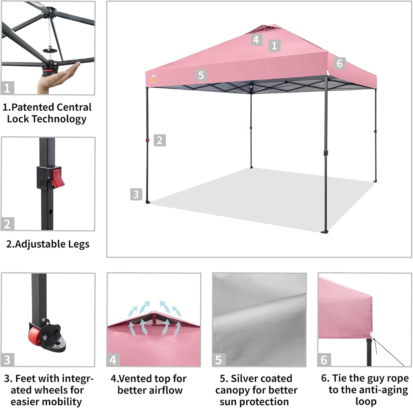 CROWN SHADES 10x10 Pop Up Canopy Tent - Patented Center Lock One Push Instant Outdoor Canopy Beach Tent with STO-N-Go Bag 8 Stakes & 4 Sand Bags，Pink