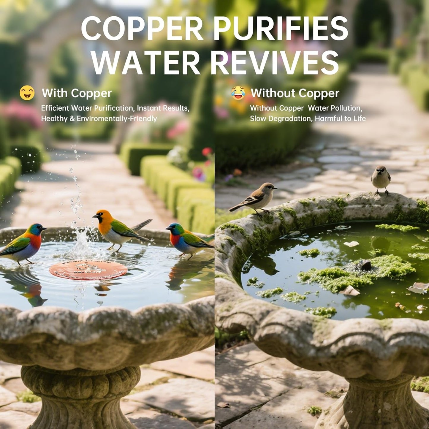 2 Pack Bird Bath Copper Disk, Premium 0.6mm Sturdy 99.99% Pure Copper Disk for Bird Baths,Triple-Point Support Ensures Clean Water Year-Round, Compatible with All Outdoor Birdbath Bowls