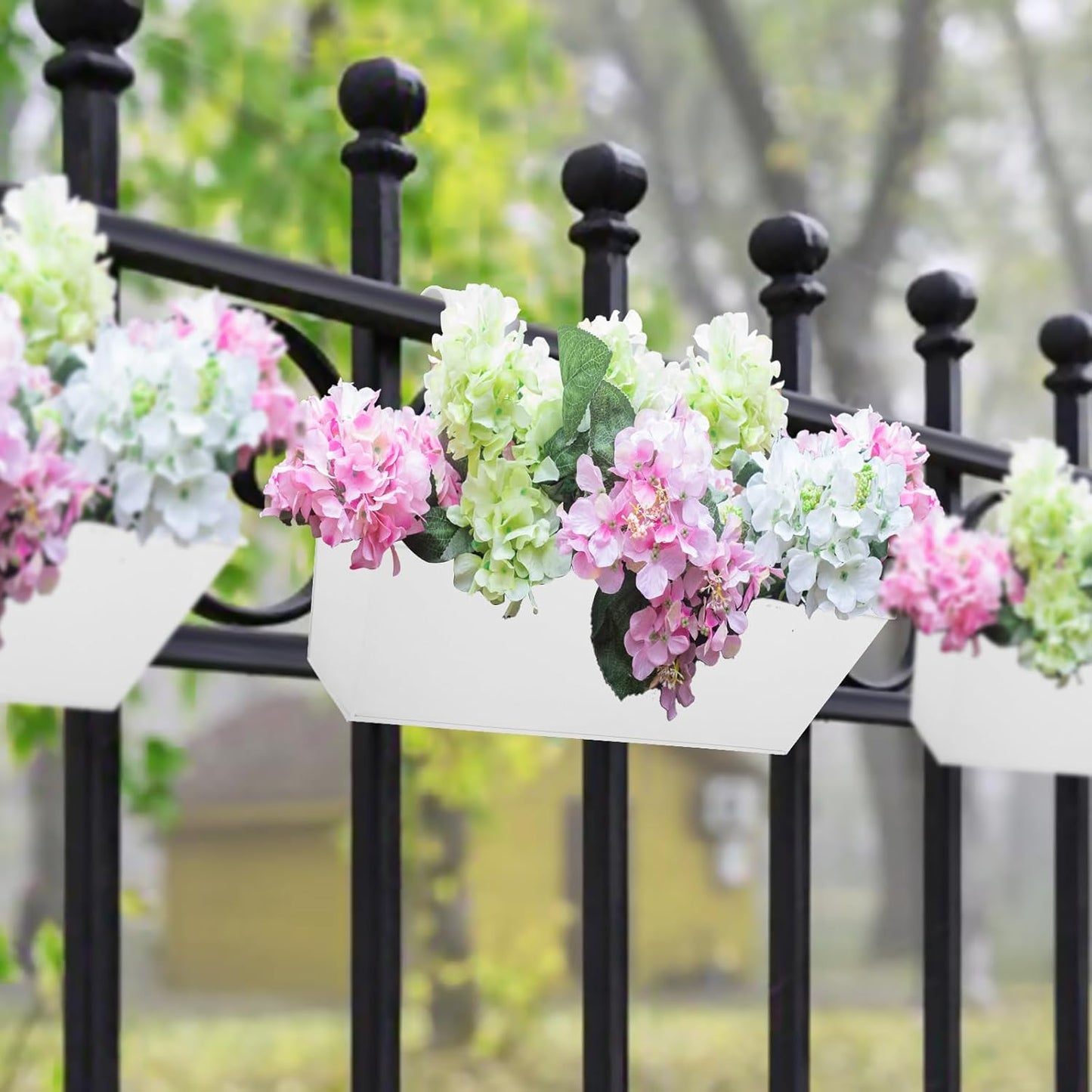 Railing Planters Outdoor Balcony 16 Inch Deck Over The Railing Planter Boxes Hanging Planters for Fence Flower 3 Pcs (White)