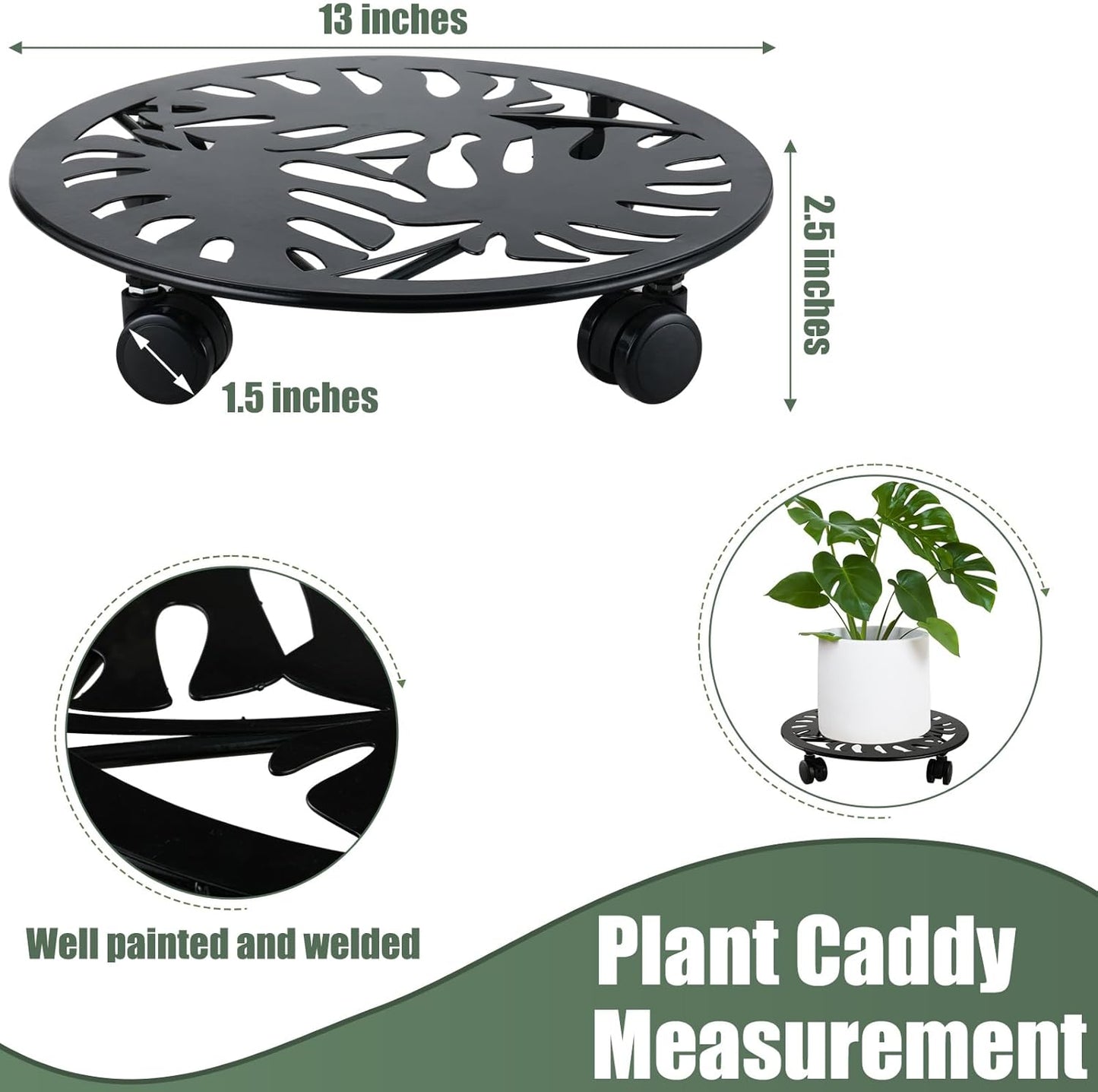 3 Packs Metal Plant Caddy with Wheels 13” Rolling Plant Stands Heavy-duty Wrought Iron Plant Roller Planter Movers Indoor Outdoor Wheeled Plant Dolly with Casters Tray Coaster, Black palm leaves