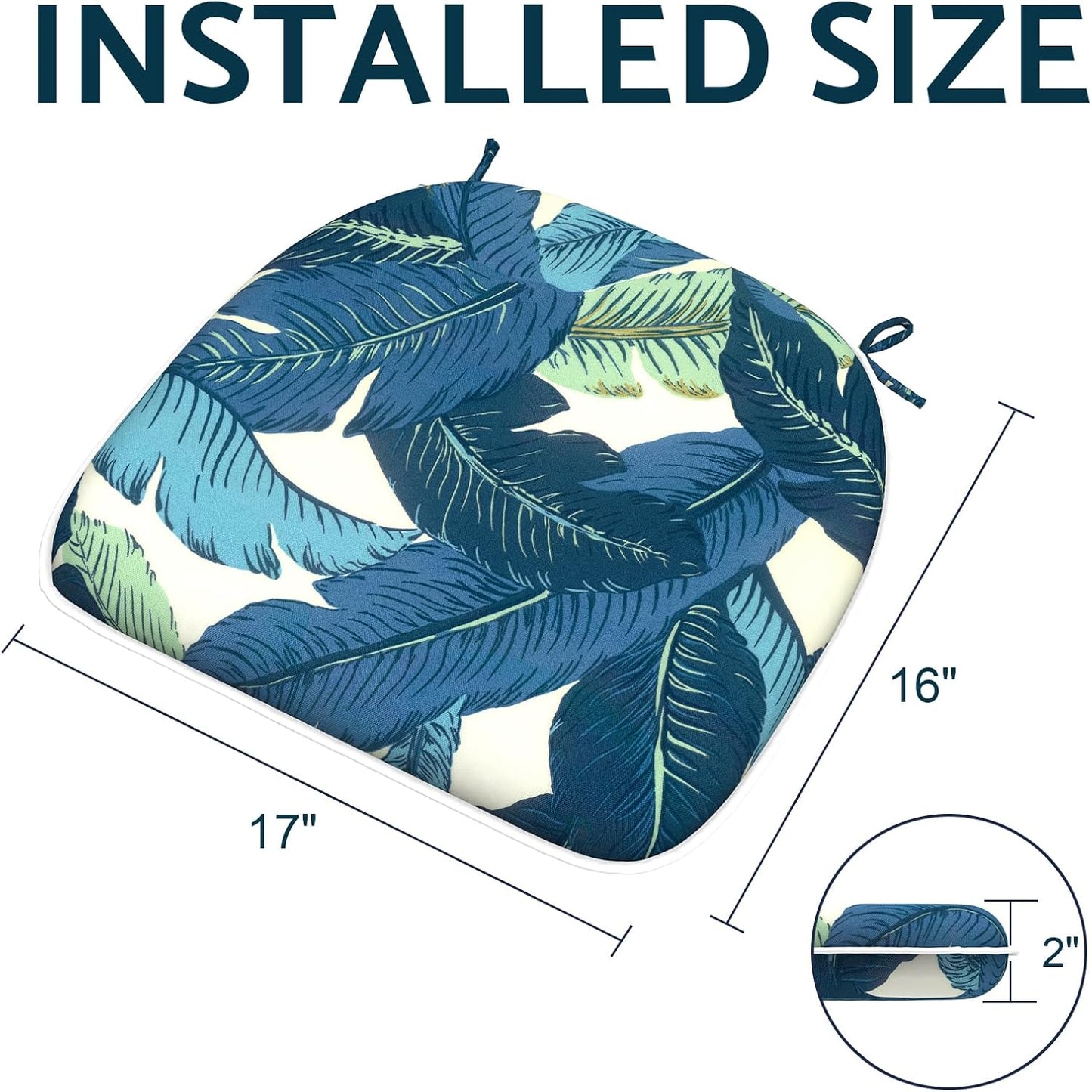 Indoor/Outdoor Chair Cushions 16x17 Inch, Patio Chair Cushions with Ties, All Weather Seat Cushions for Patio Furniture Home Garden Chair Use, Set of 4, Swaying Palms Blue