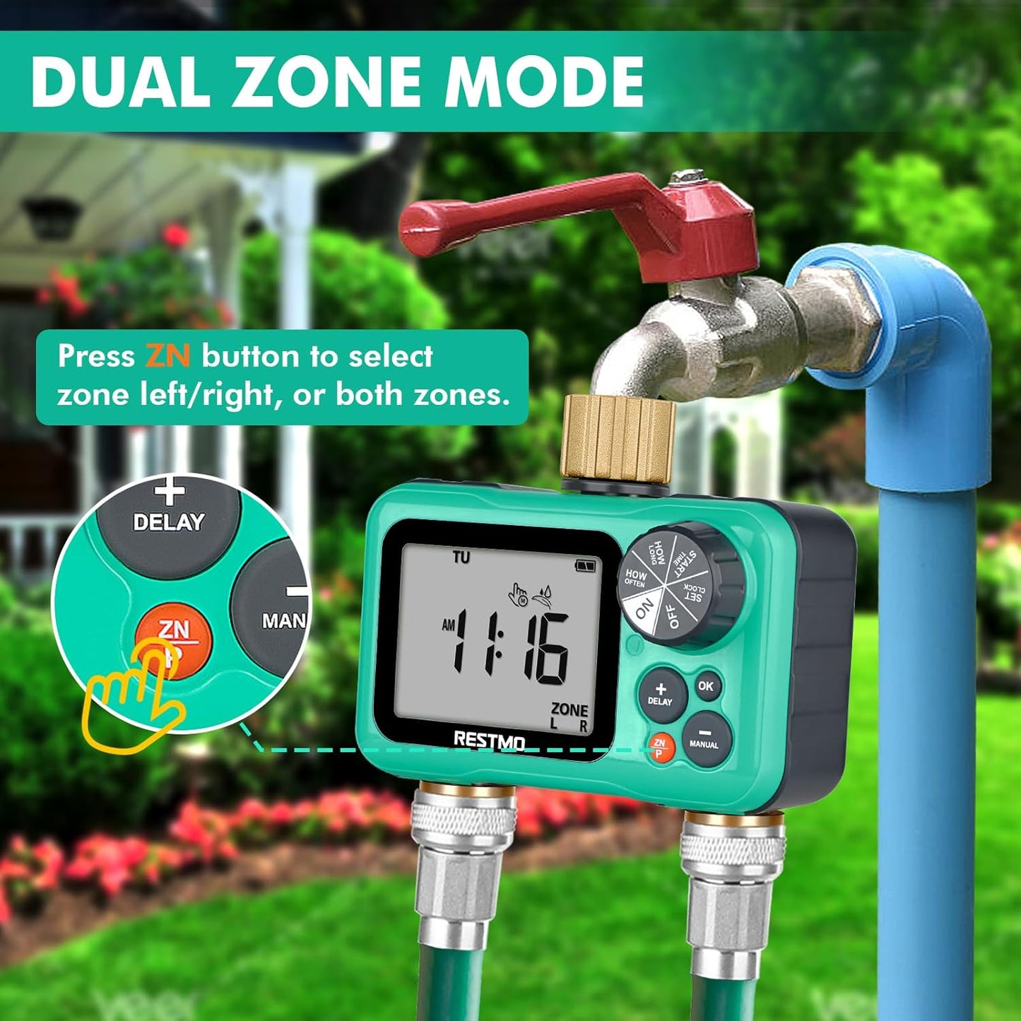RESTMO Sprinkler Timer with Brass Inlet & Outlet, 3 Separate Programs Water Timer for Garden Hose, Manual/Rain Delay/Automatic Watering for Drip Irrigation and Lawn, 2 Outlet