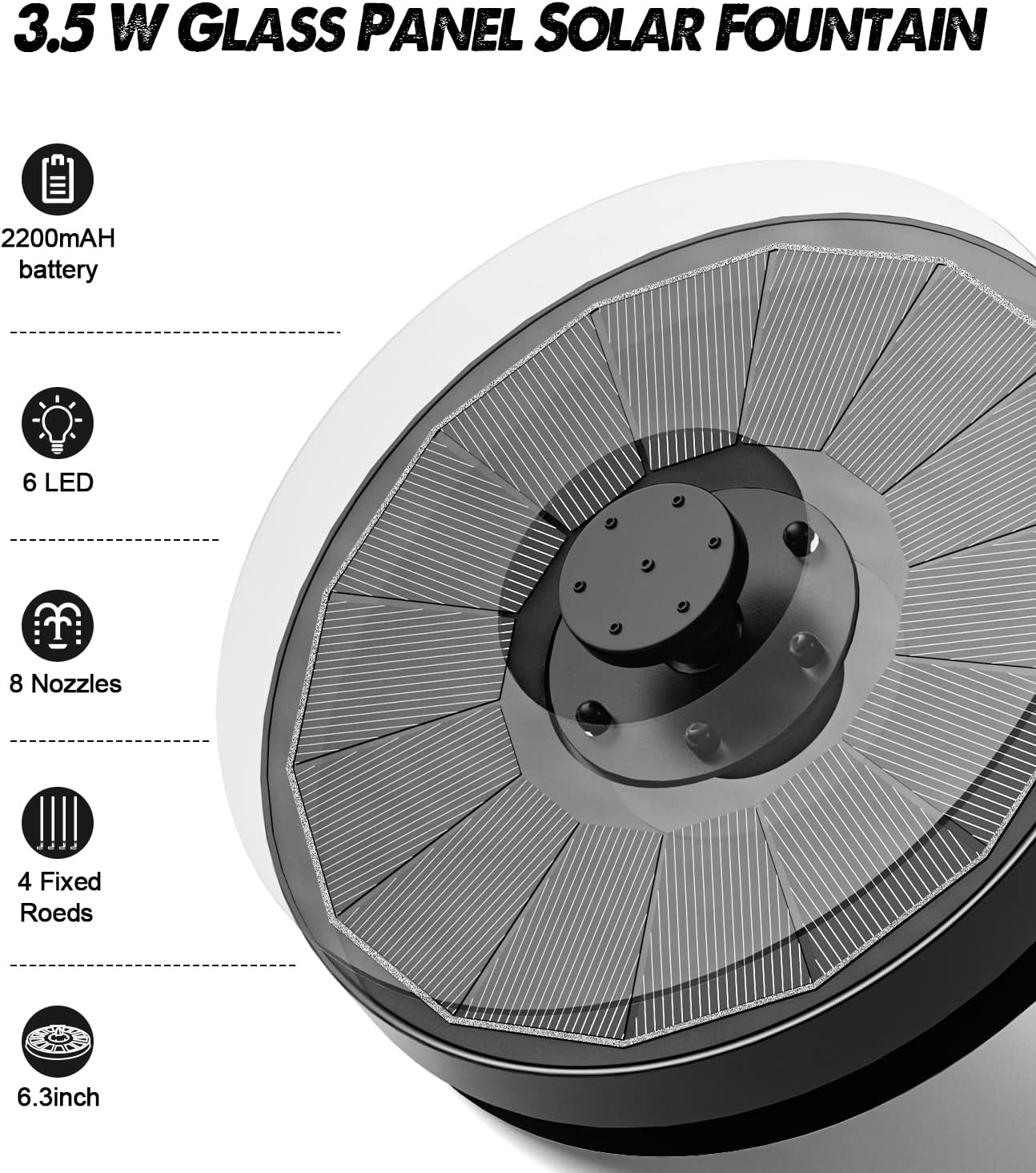 Glass Panel Solar Fountain with 2200 Mah Battery, 3.5W Floating Water Fountain with 4 Fixed Rods, Solar Pump for Bird Bath, Garden, Pond, Pool, Outdoor - White Lights