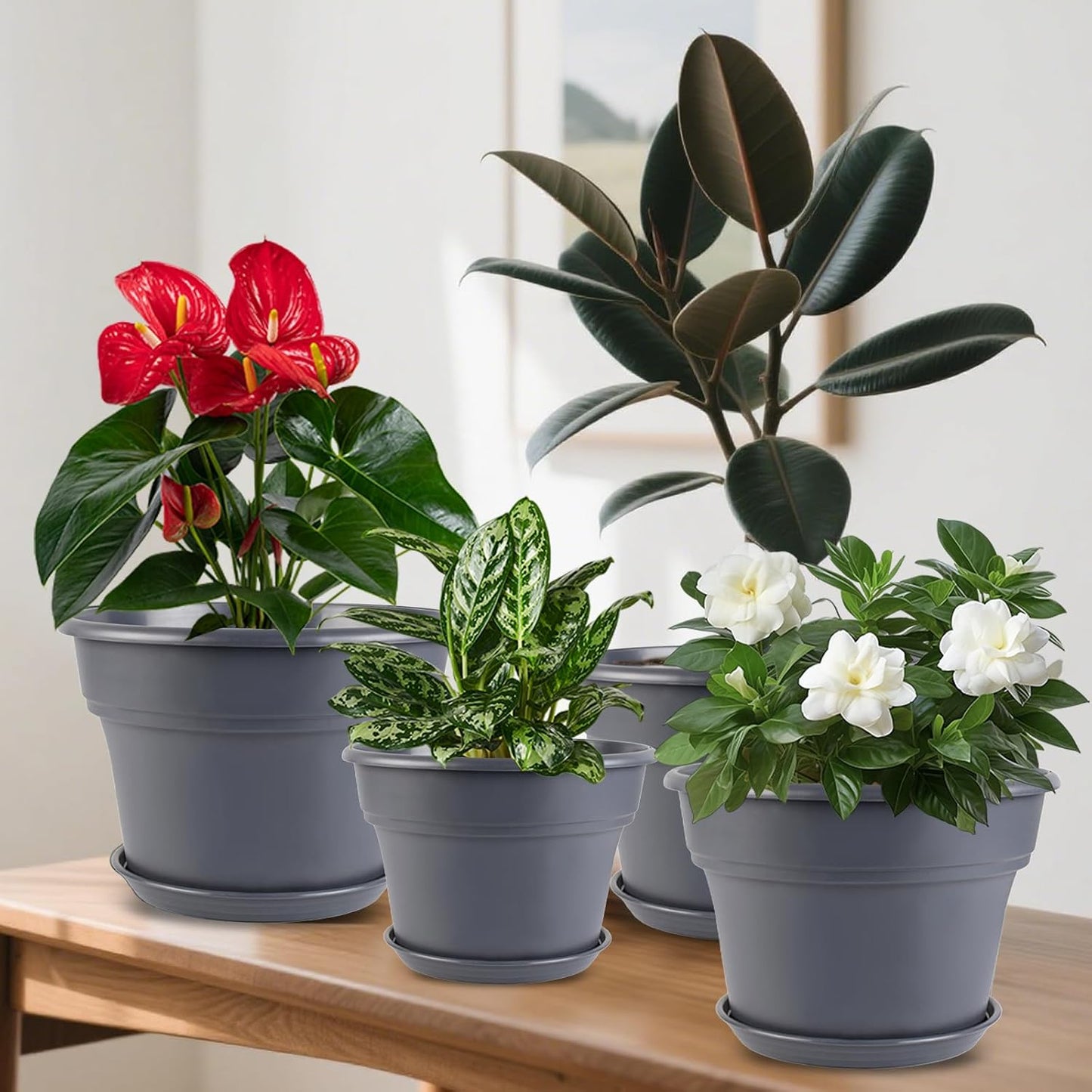 16-inch-Plant-Pots, 4 Pack Large Planters for Outdoor Plants, Plastic Flower Pots Indoor with Drainage Holes & Trays, Classic Garden Pot Container for House