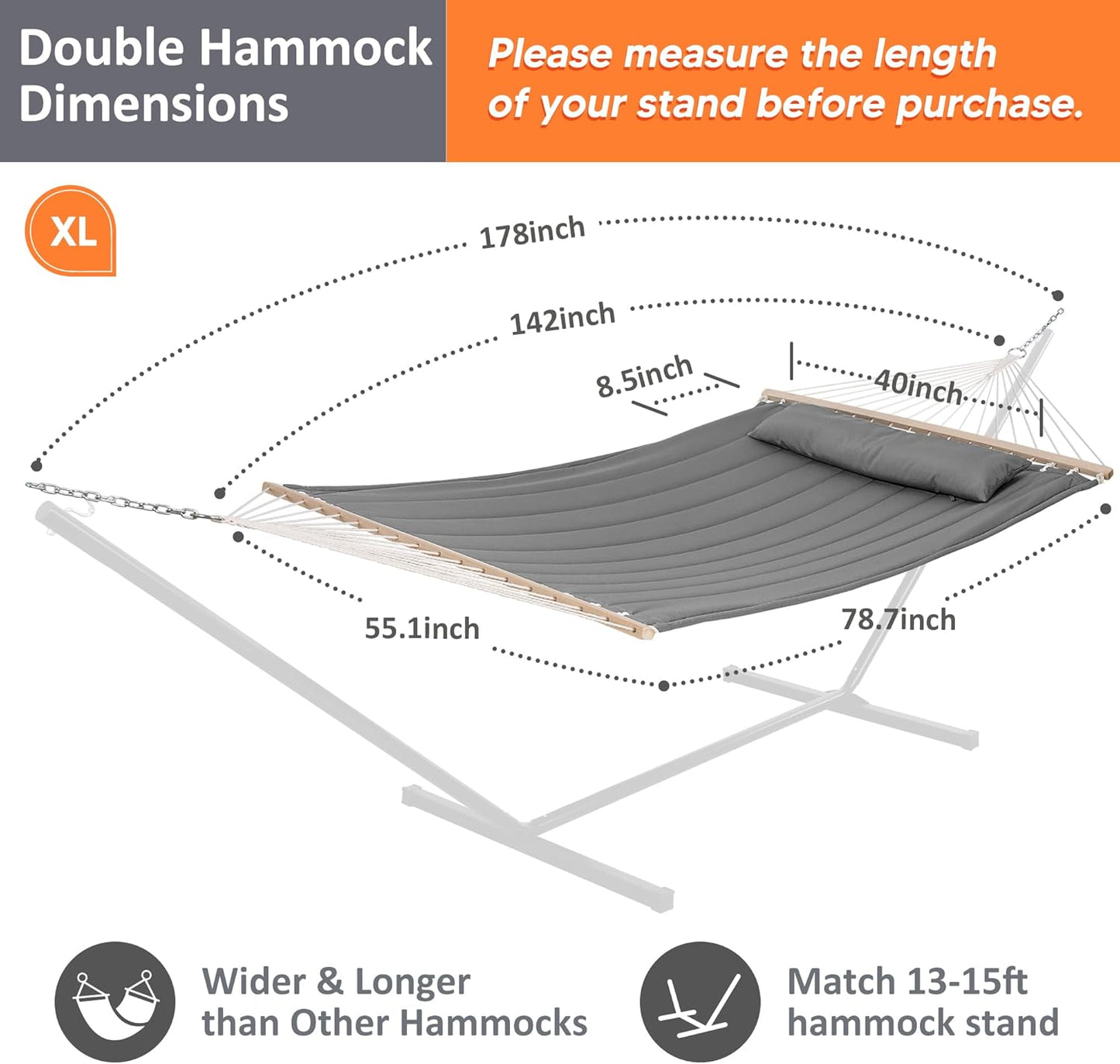 SUNCREAT Portable Double Hammock with Hardwood Spreader Bar, Extra Large Outdoor Hammock with Soft Pillow, 475 lbs Capacity, Light Gray