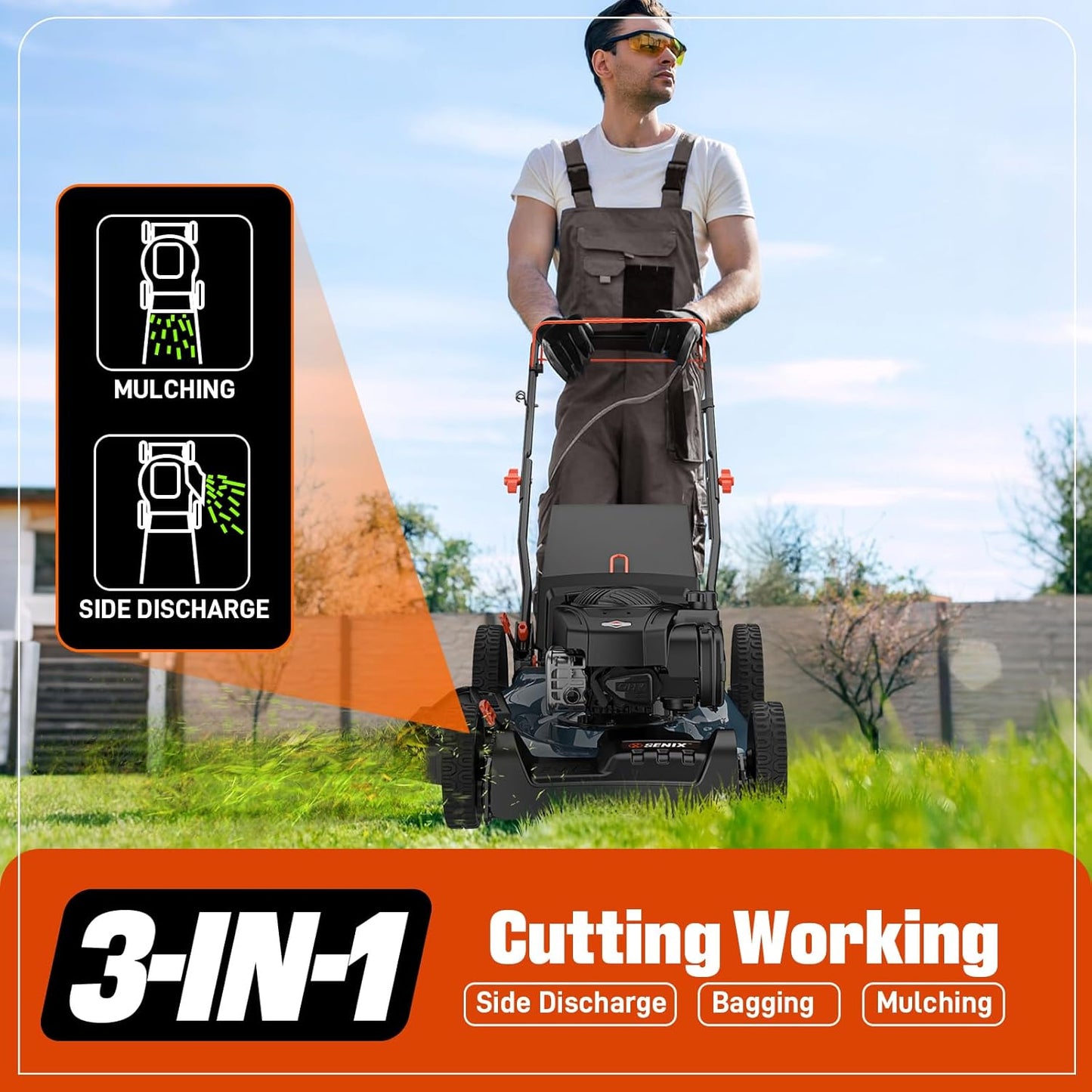 SENIX Gas Lawn Mower, 22" Self Propelled Gas Powered Lawnmower with 163cc B&S 4-Cycle Engine, 3-in-1 Walk-Behind Push Lawn Mower, 6-Position Height Adjustment