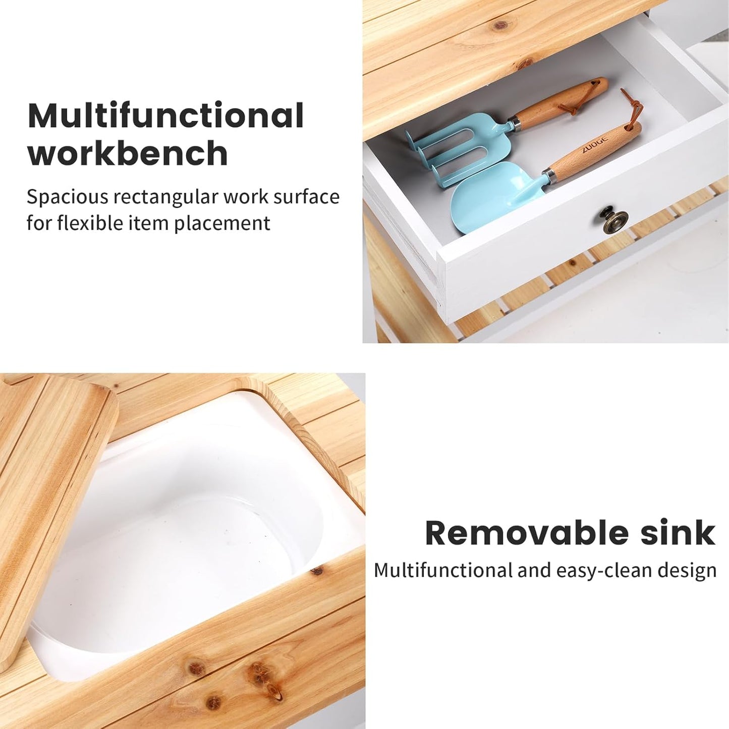 Potting Bench Outdoor Potting Table—All-Weather Kids Solid Wood Garden Work Station with Sink、Drawer、Hooks、3Flower Pots, Weather Proof （White Grey, Large）