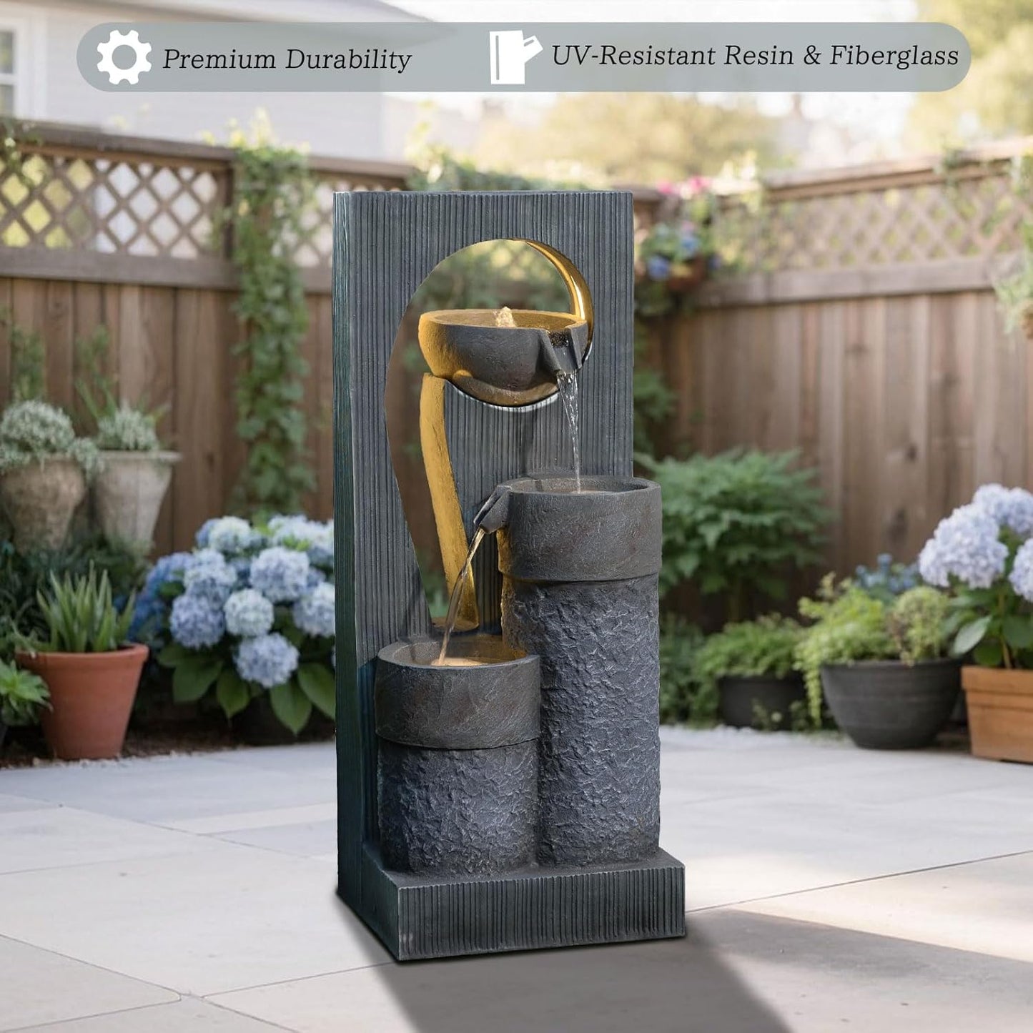 Outdoor Water Fountain for Patio & Garden, 41" Modern Stone-Look Fountain with LED Lights & Cascading Waterfall – UV-Resistant Freestanding Indoor/Outdoor Water Feature