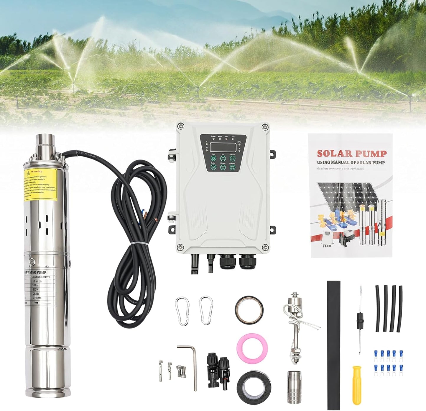 Solar Water Pump, 24V 270W 3In DC Submersible Pump Stainless Steel Deep Well Pump Irrigation Kits with MTTP Controller Float Switch for Home Industry, Garden Irrigation, Farm Ponds (24V 270W)