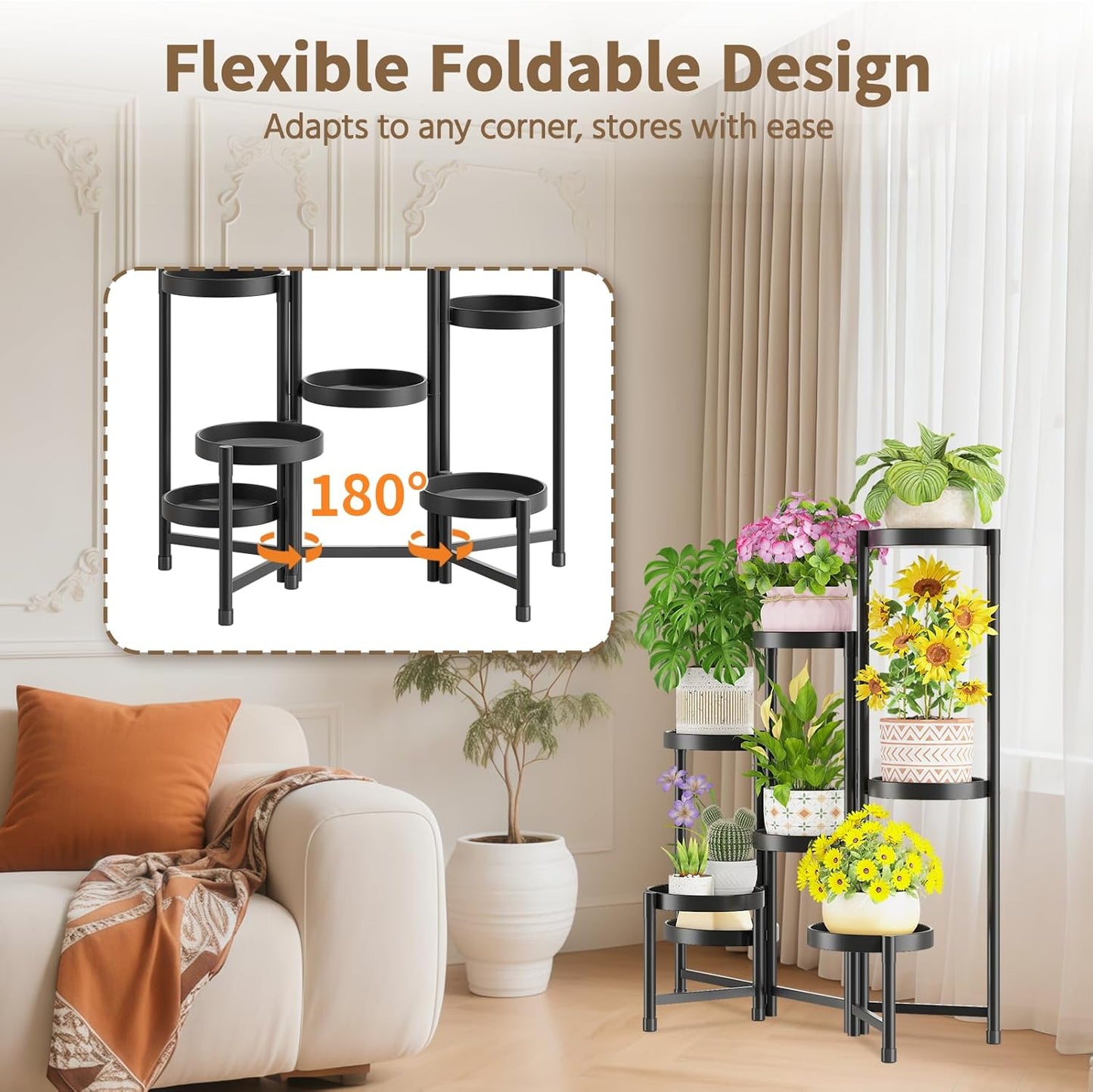 LASZOLA 8 Tiered Folding Plant Stand Indoor for Multiple Large Planter, Tall Heavy Duty Adjustable Rack with Rust Proof 10 Inch Wide Tray, Sturdy Vertical Tree Organizer for Narrow Inside Floor, Black