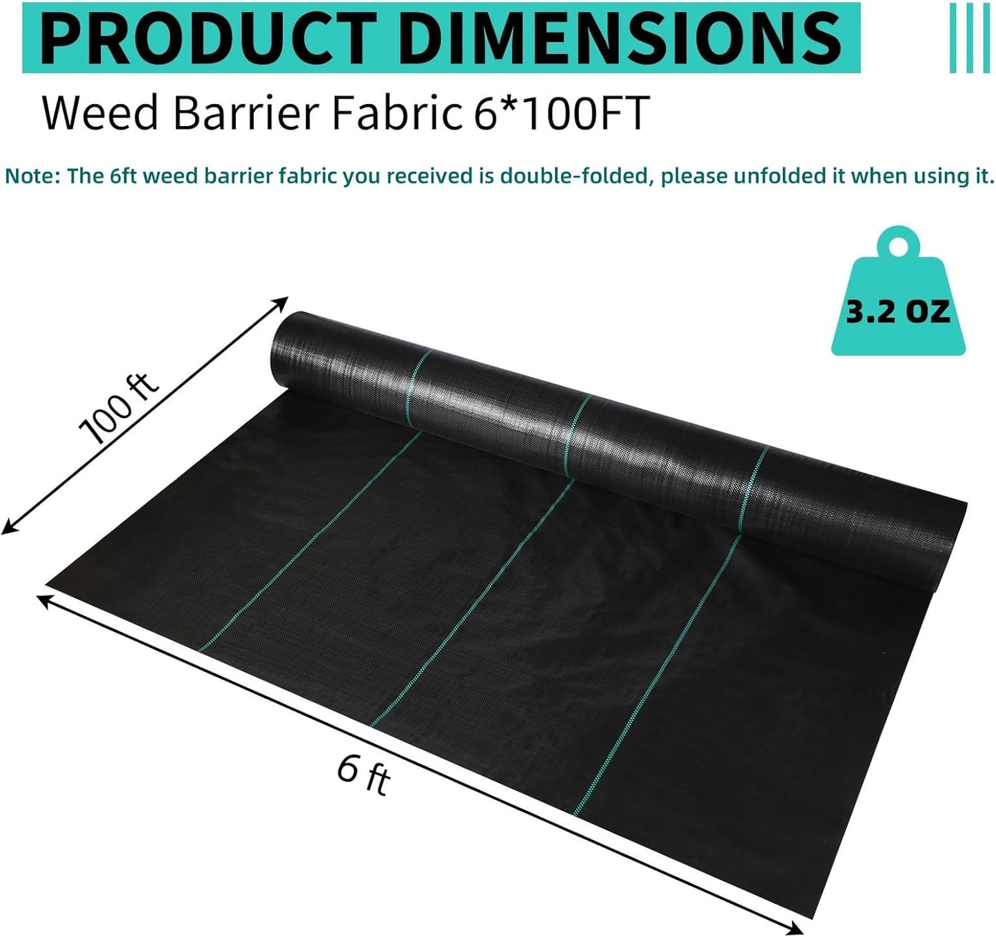 6 x 100 FT Weed Barrier Fabric,3.2 OZ Landscape Fabric,Heavy Duty PP Ground Cover for Gardening,Farming