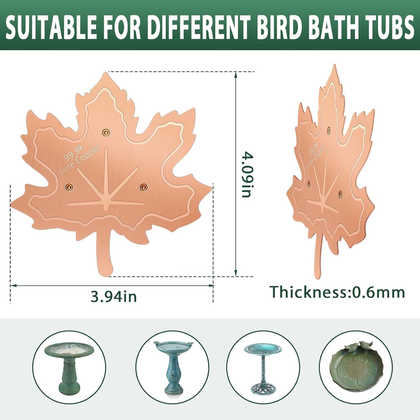 99.99% Pure Copper Bird Bath Disk, 2 Pack 0.6mm Maple Leaf Bird Bath Purification Disk with Triple-Point Support for Physical Safe Clean Water All-Season, Universal Fit for Outdoor Birdbaths, Bowl