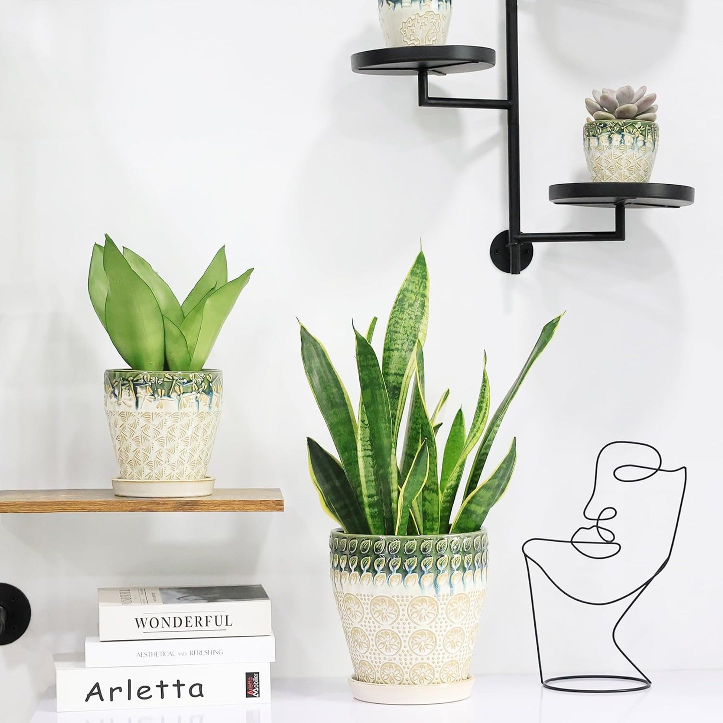 Ceramic Planter Pots for Indoor Plants, 8Inch + 6 Inch Plant Pot with Drainage Holes, Saucers and Mesh Pads, Succulent Orchid Flower Pot -Set of 2