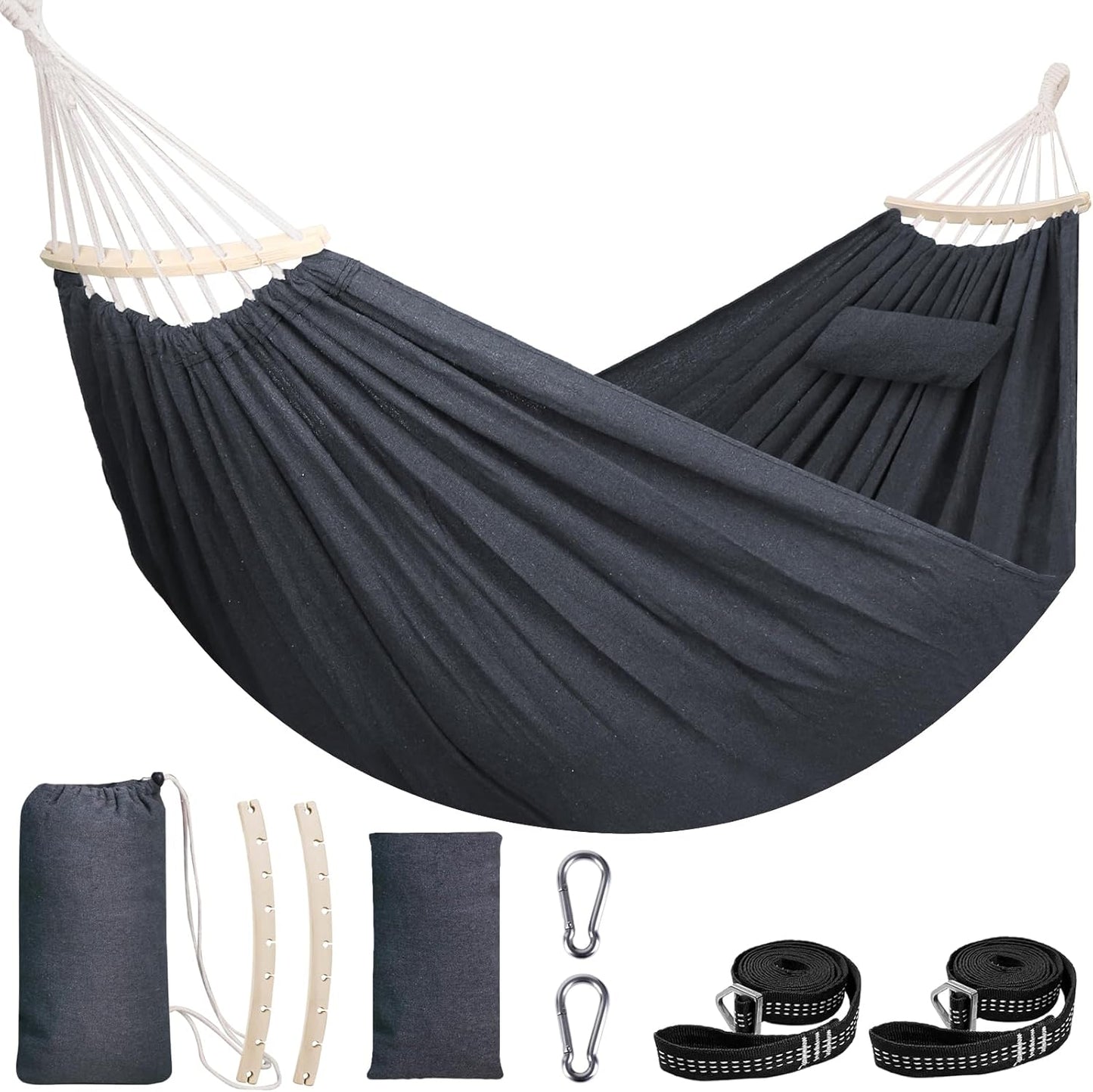 Chihee Cotton Hammock Large Soft Breathable Camping Hammock Holds Up to 660lbs Portable Tree Hammock with Detachable Spreader Bar Pillow 2 Strong Webbings 2 Carabiners Patio Garden Indoor Outdoor