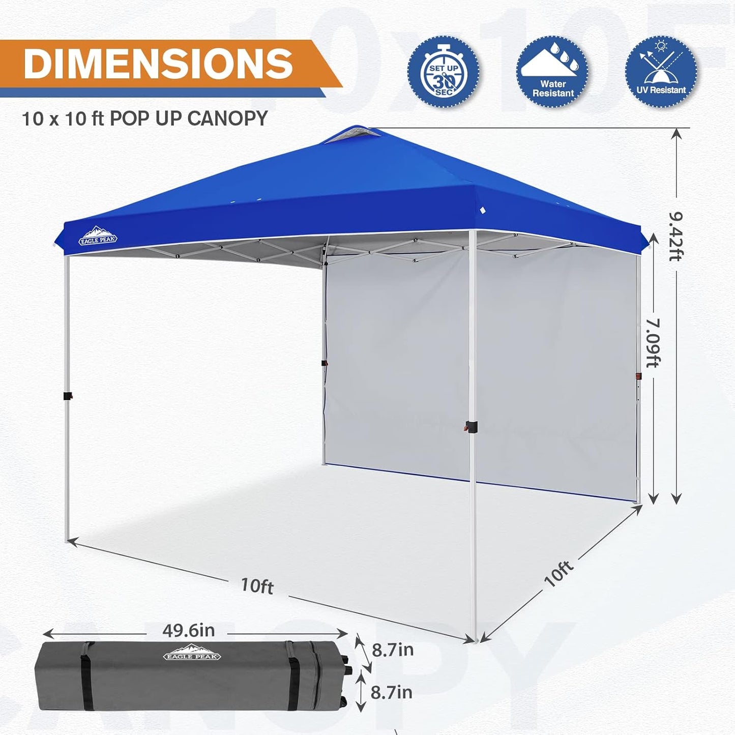 EAGLE PEAK Pop Up Canopy Tent with 1 Sidewall, Easy Setup Event Tent, Outdoor Sun Shade, Wheeled Carry Bag, Stakes and Guy Ropes, Instant Canopy 10x10, Blue