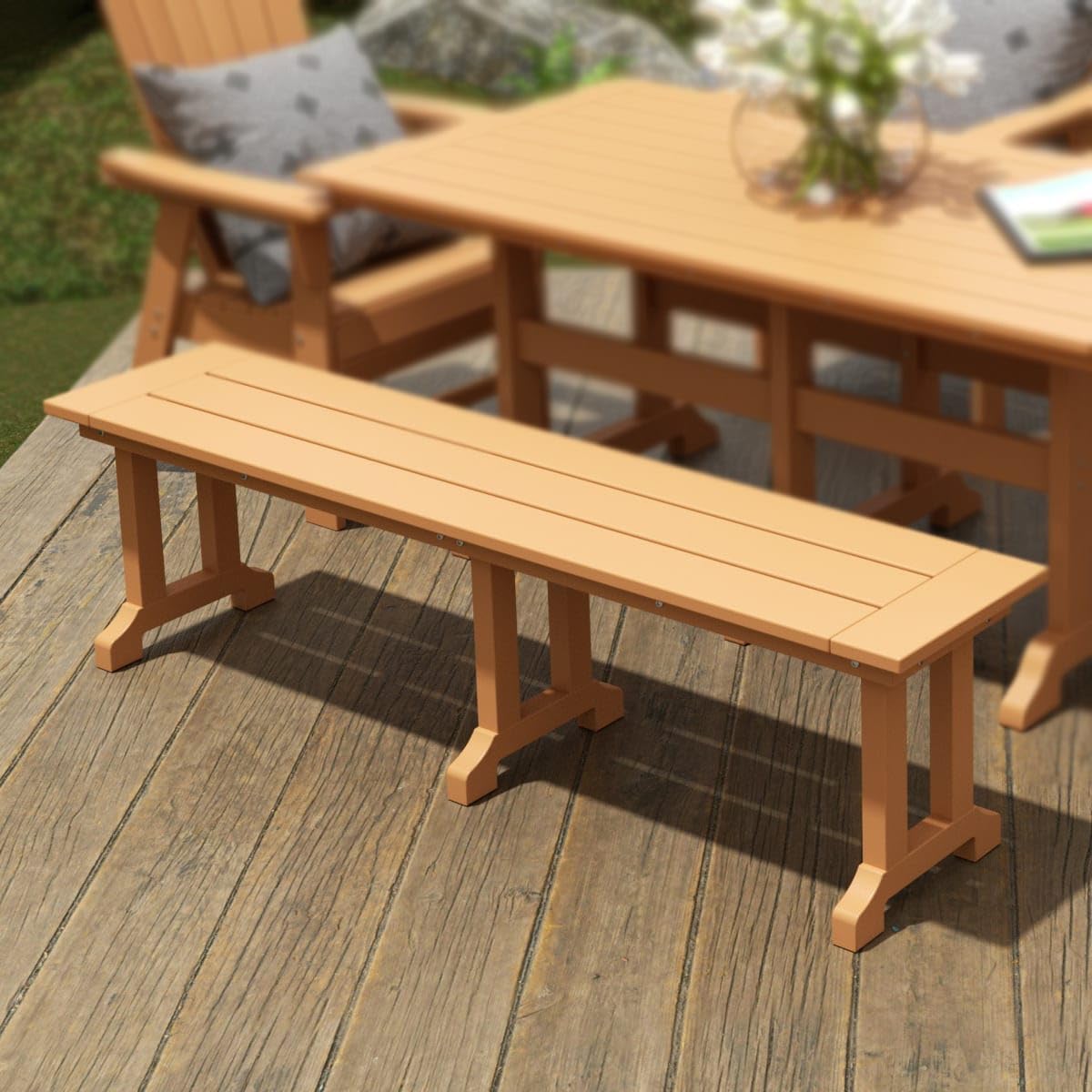 WestinTrends Malibu 65" Outdoor Dining Bench, All Weather Resistant Poly Lumber Patio Garden Bench Trestle Long Bench for Both Outdoor and Indoor, Teak